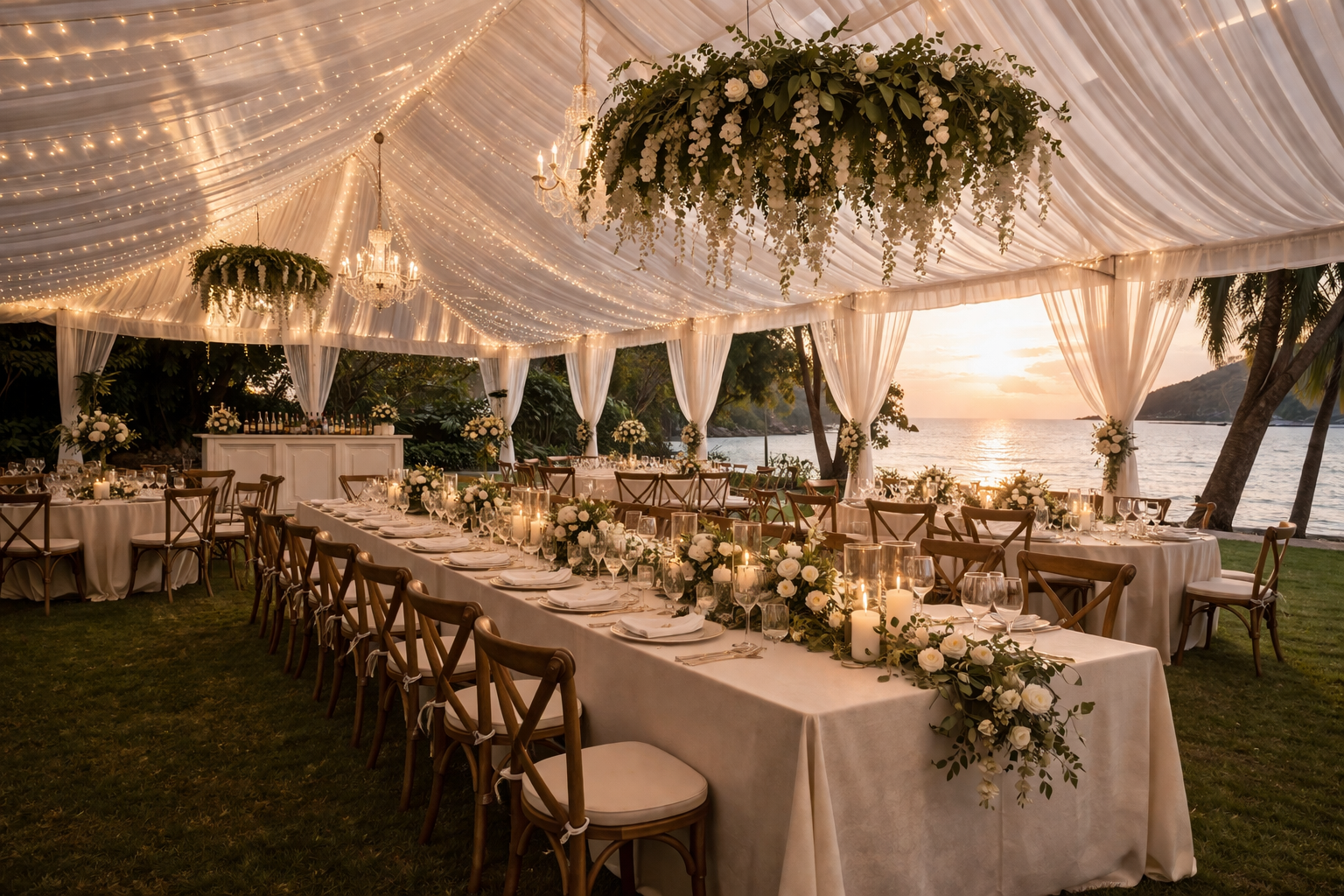 Luxury marquee wedding reception by the sea in Phuket with draped canopy, chandeliers, candlelit tables, and ocean sunset at Island Escape by Burasari