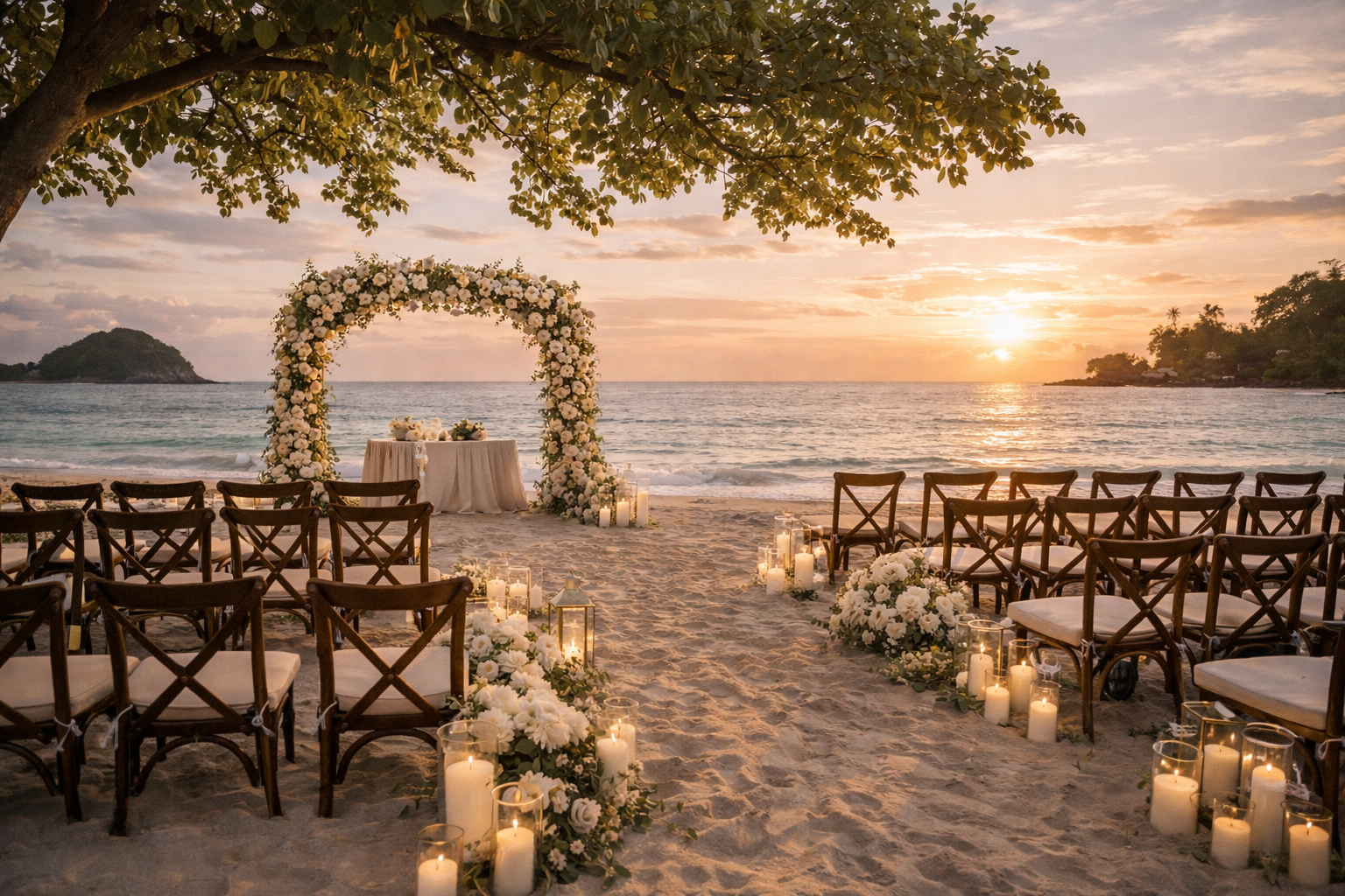 Elegant beachfront wedding ceremony in Phuket under a tropical tree with candlelit aisle, wooden seating, and sunset ocean view at Island Escape by Burasari.