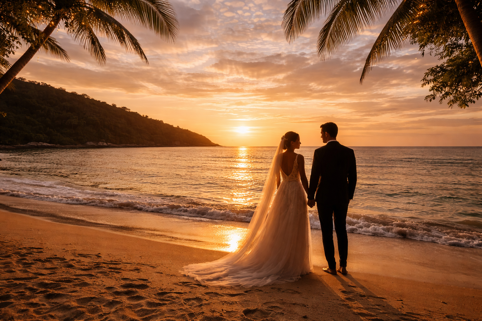 Wedding couple walking by the beach with ocean sunset