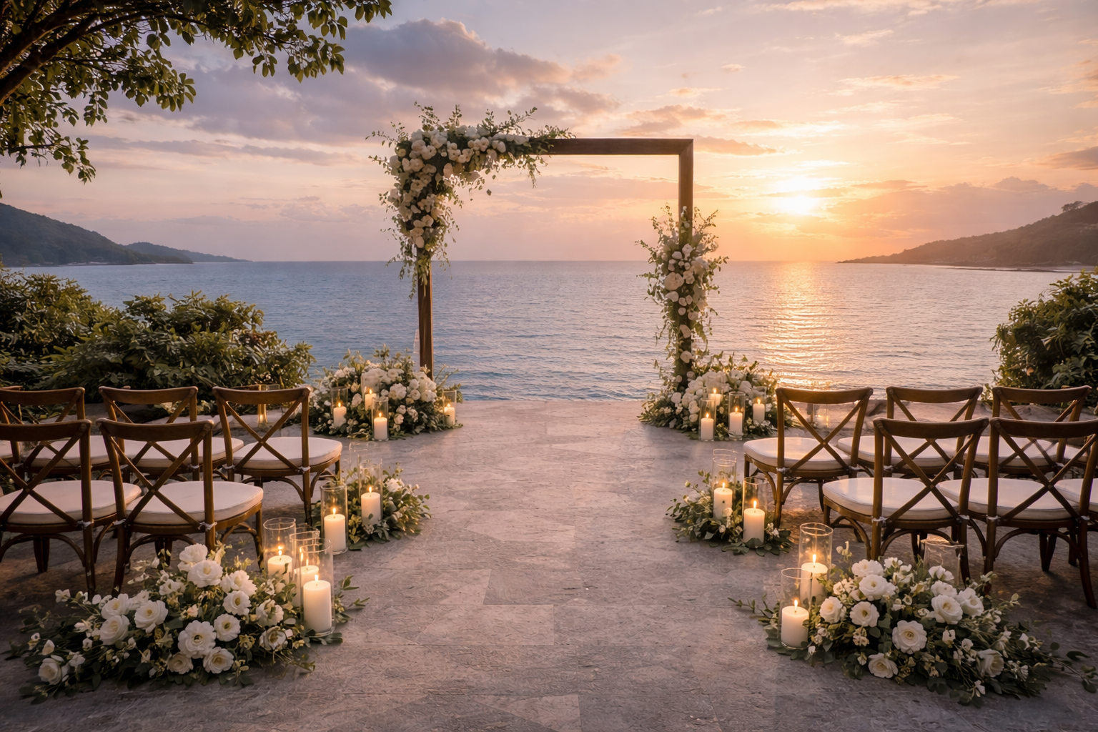 Clifftop wedding ceremony at Island Escape by Burasari with ocean sunset view