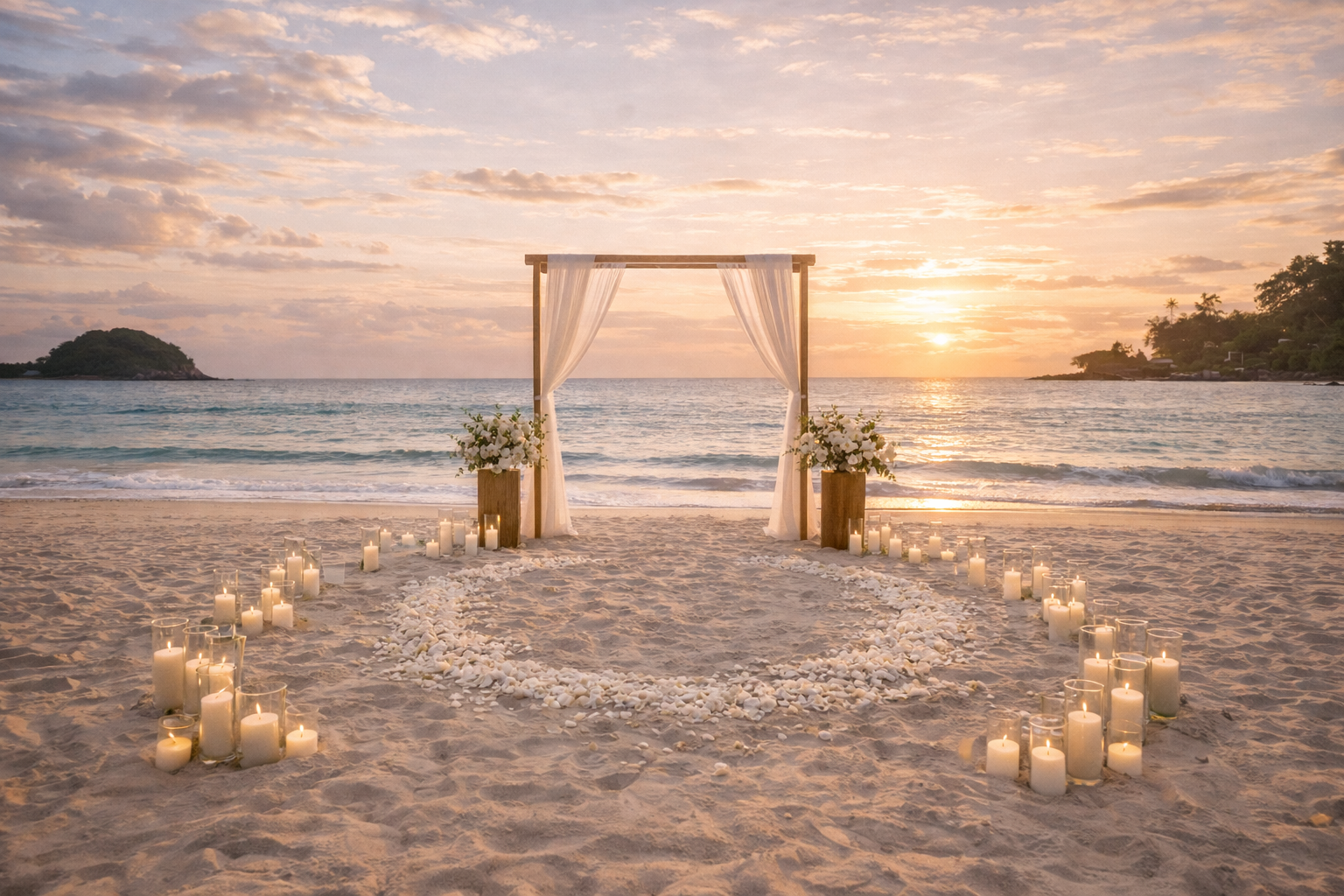 Beachfront wedding ceremony in Phuket with petal aisle, candlelight and ocean sunset at Island Escape by Burasari