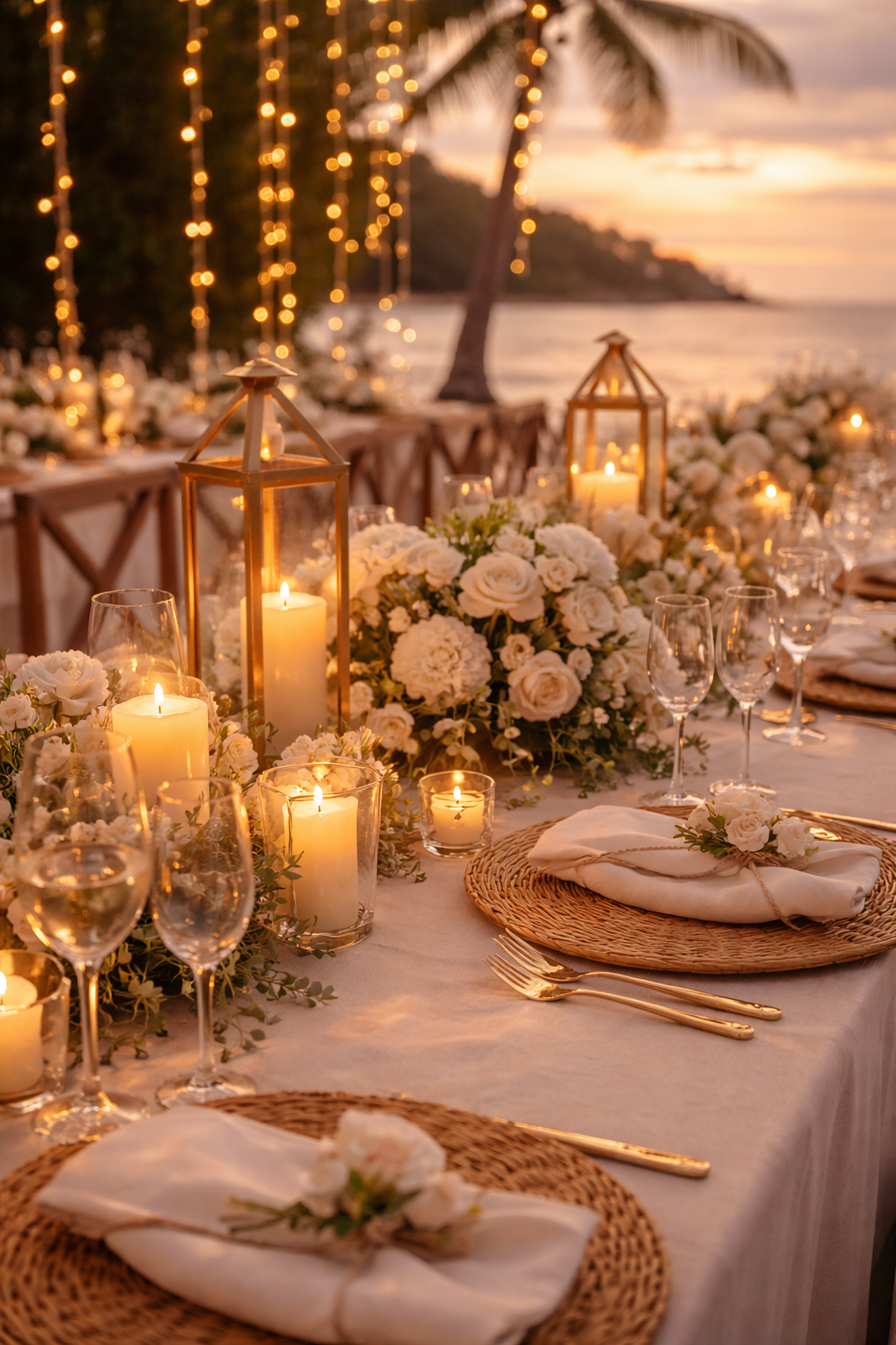 Elegant beachfront wedding table setting at sunset with candlelight, floral arrangements, glassware and ocean view at Island Escape by Burasari Phuket