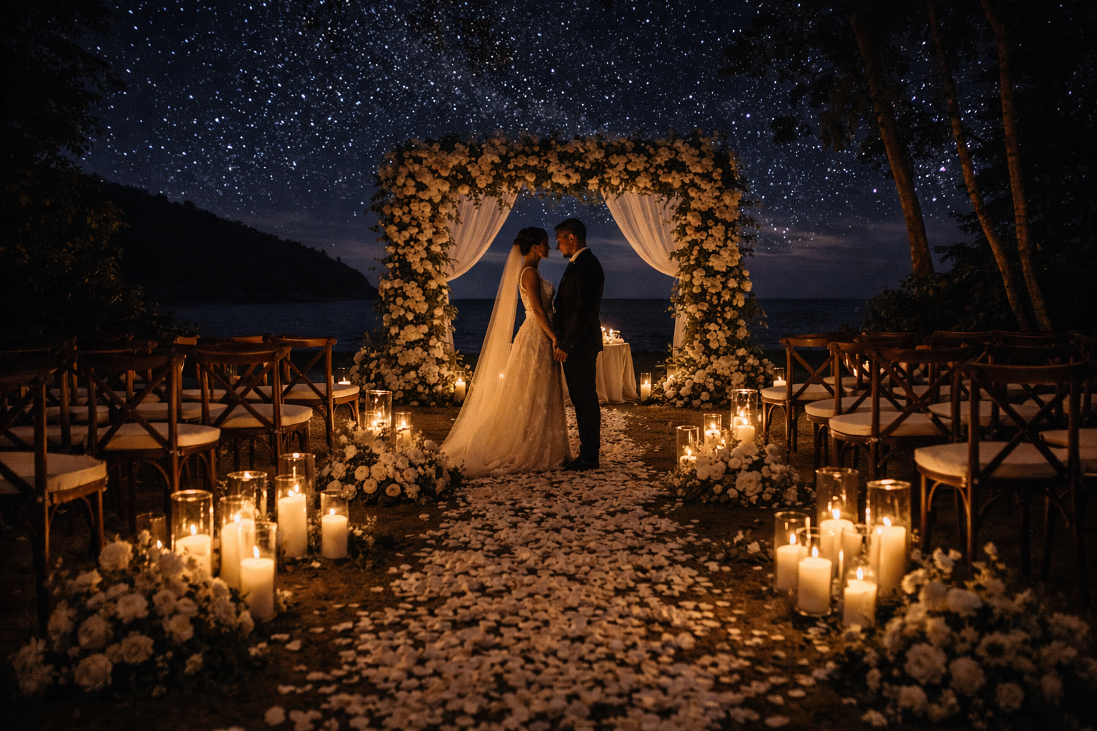 Romantic night wedding ceremony in Phuket under a starlit sky with candlelit aisle, floral arch, and couple at Island Escape by Burasari