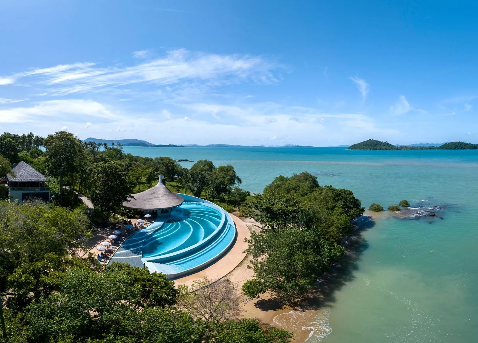 Aerial view of Island Escape at Maprao Island, Phuket with beach, villas and turquoise sea