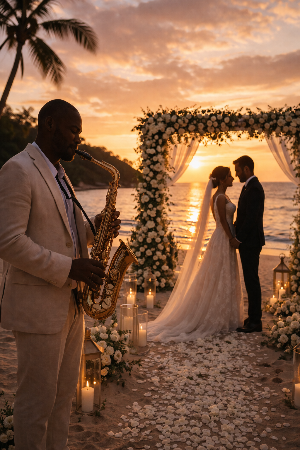 Portrait of live saxophonist performing at beachfront wedding ceremony at sunset with couple and candlelit aisle at Island Escape by Burasari Phuket