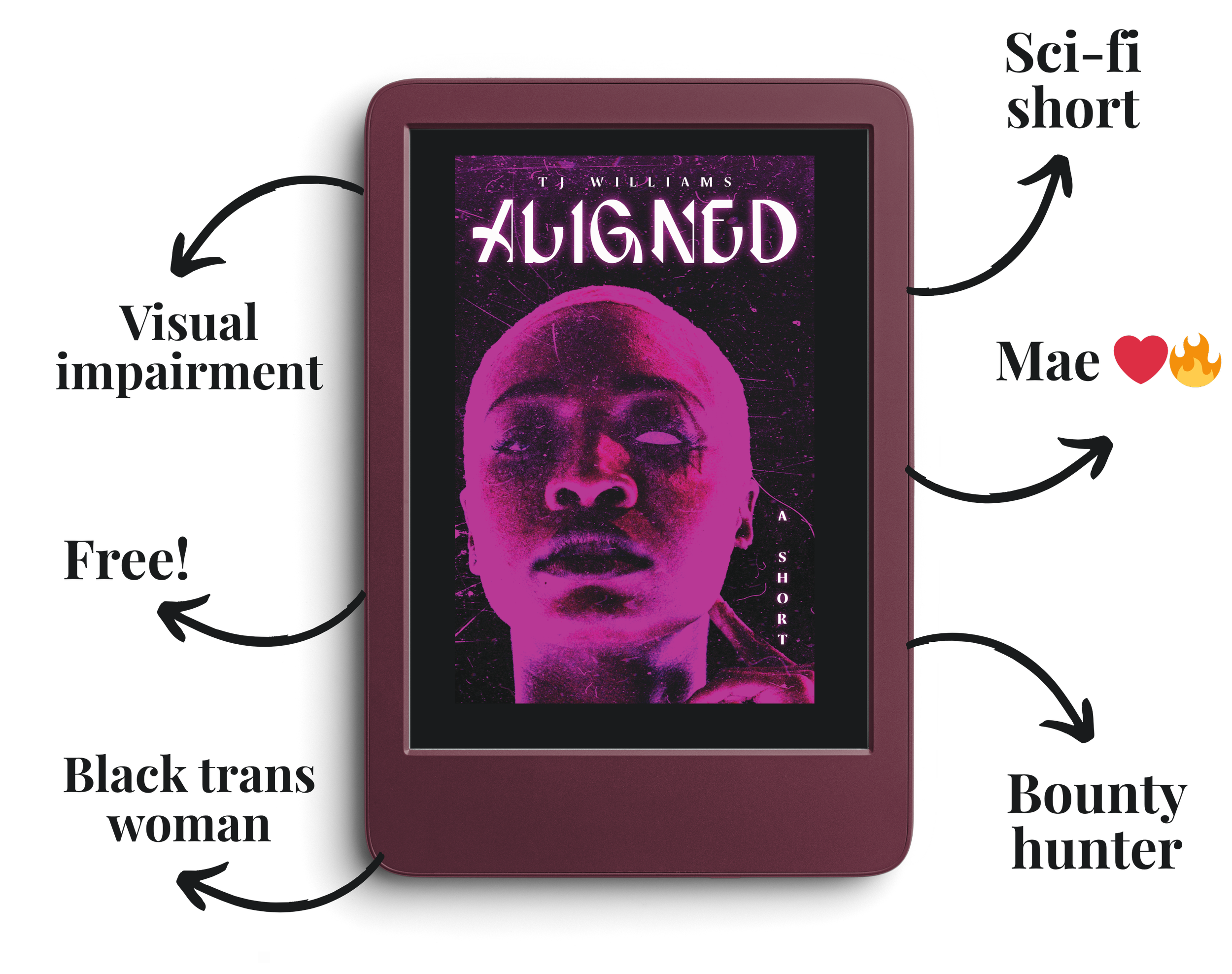 Kindle cover of 'Aligned' by TJ Williams, featuring a stylised Black trans woman with an artistic and sci-fi theme.