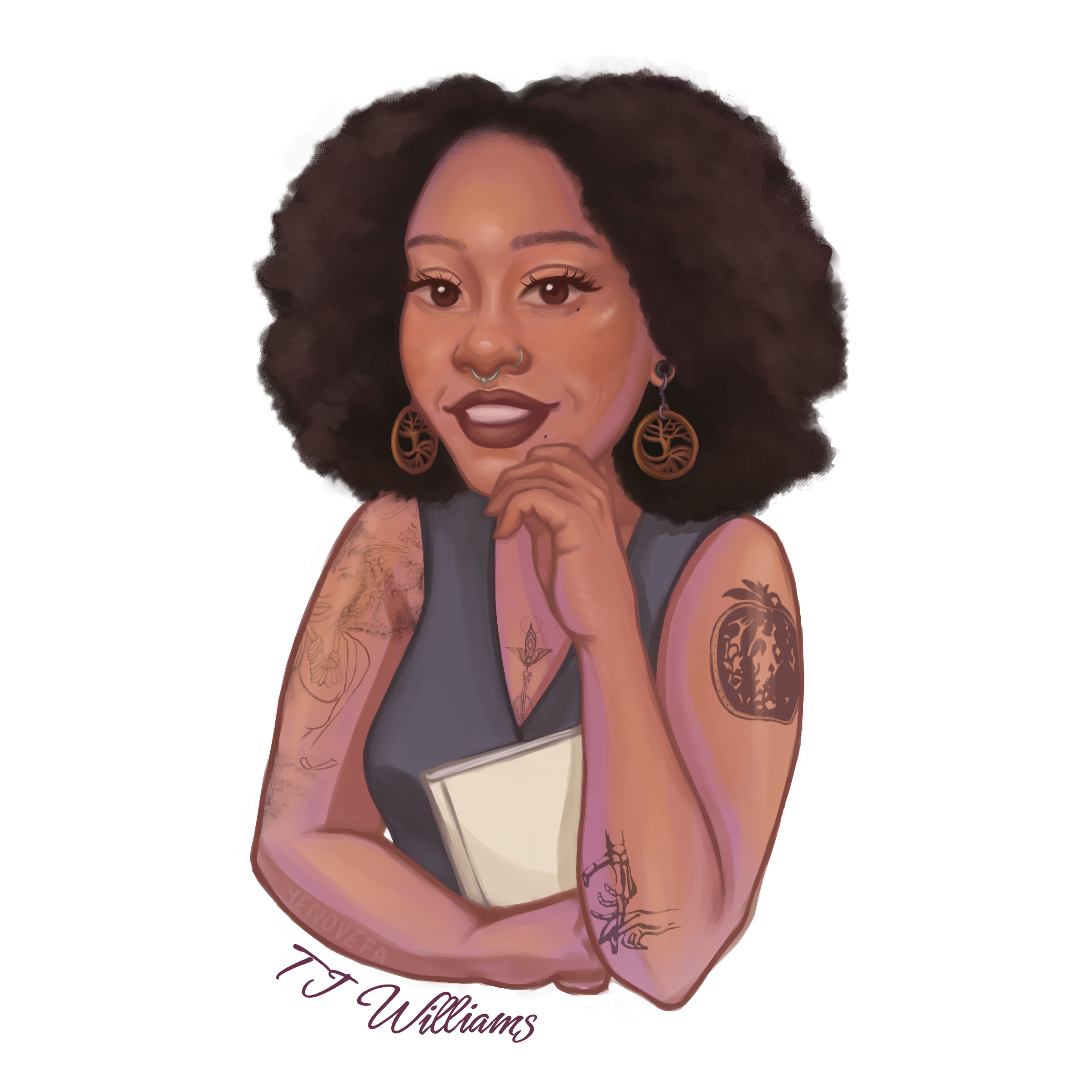 Digital illustration of TJ Williams; a Black mixed-race person with curly hair, earrings, and tattoos, holding a book and smiling.