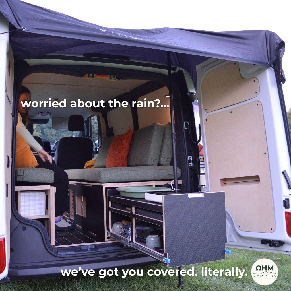 Worried about the Scottish rain? Don't be. 🌧️⚡️
Every Ohm Campers rental now comes with a quick to setup awning. 

A little bad weather just means a cosier basecamp.  When you're done, step inside to  a warm dry hotel room on wheels with overnight h