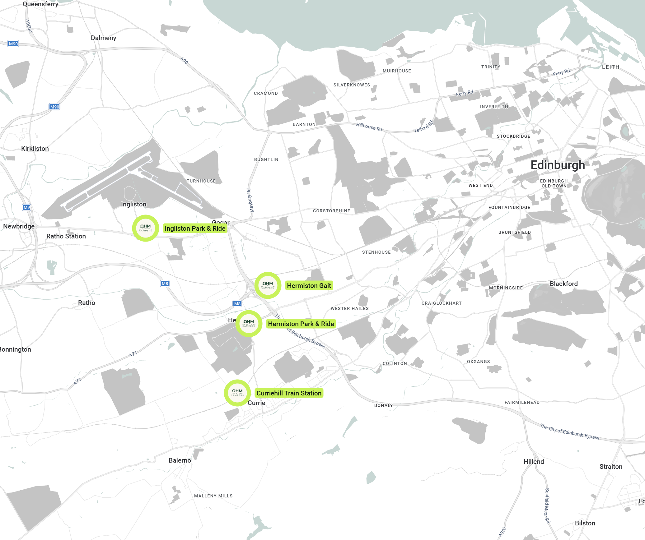 Map showing locations in Edinburgh, including Currie, Balmoral, and Hillend, with a highlighted route passing through Ingliston Park & Ride, Hermiston Gait, and Curriehill Train Station, along with major roads and neighborhoods.