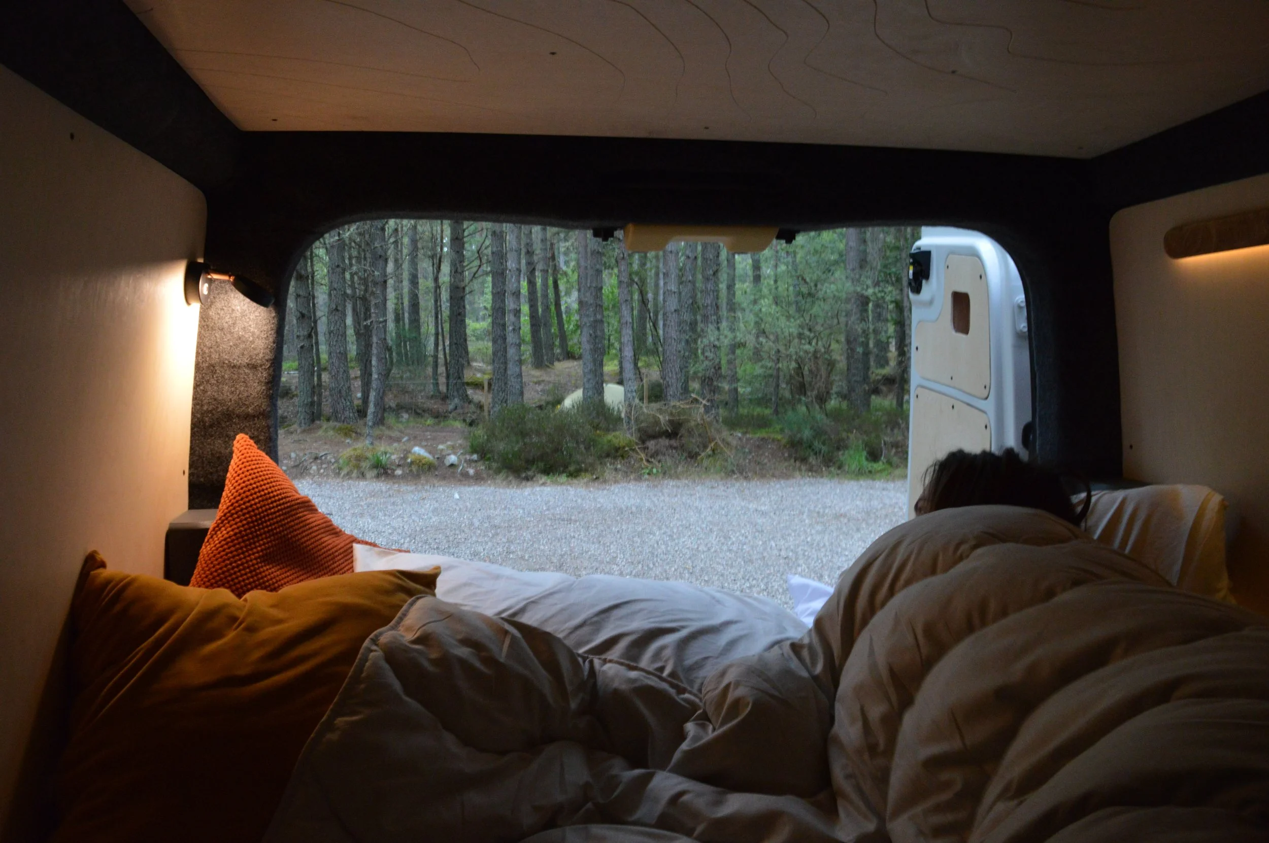 Interior view of a camper van with a bed, orange pillows, and a view outside showing a forest with tall trees.