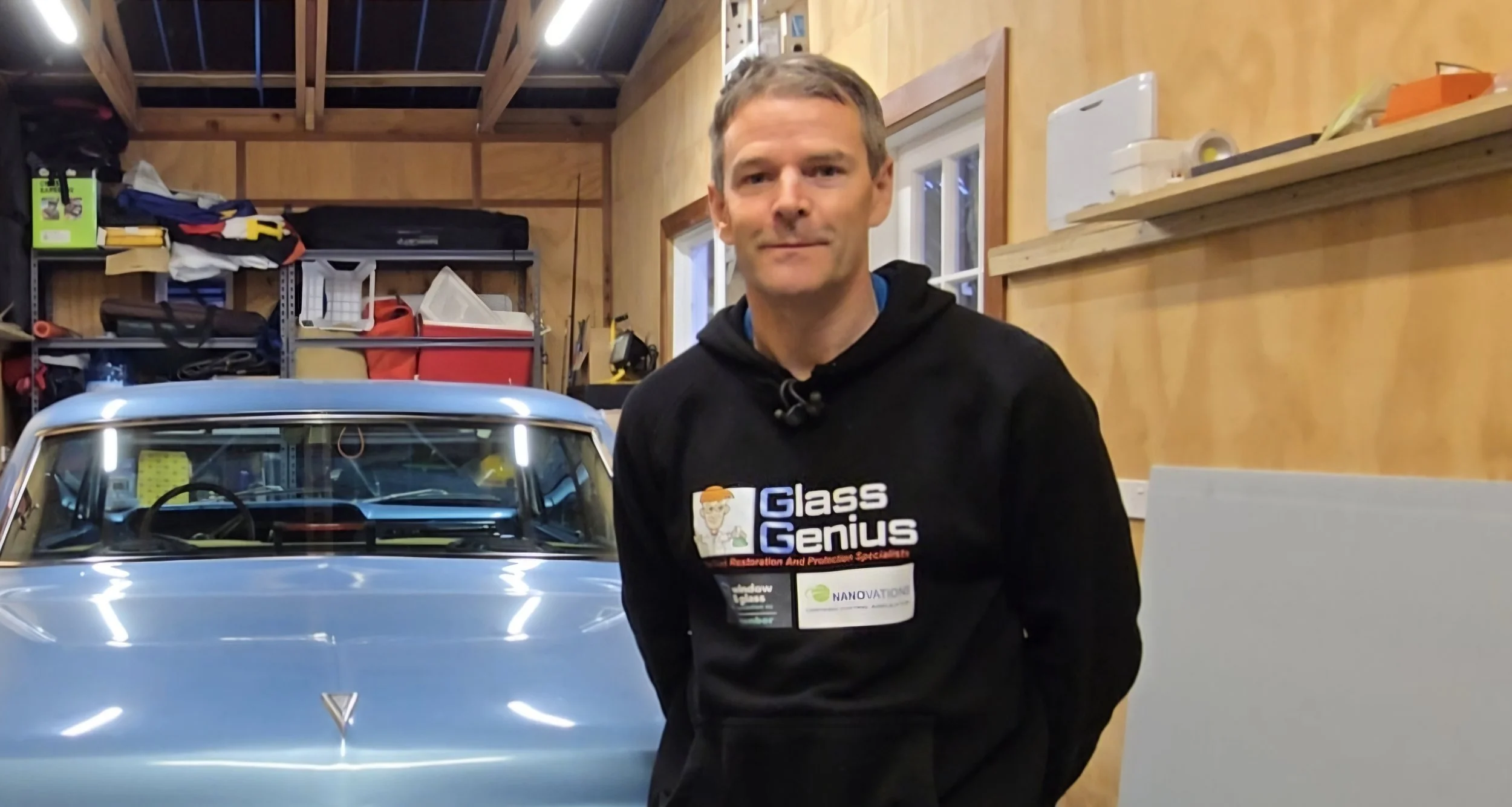Glass genius Specialist in workshop with classic car project