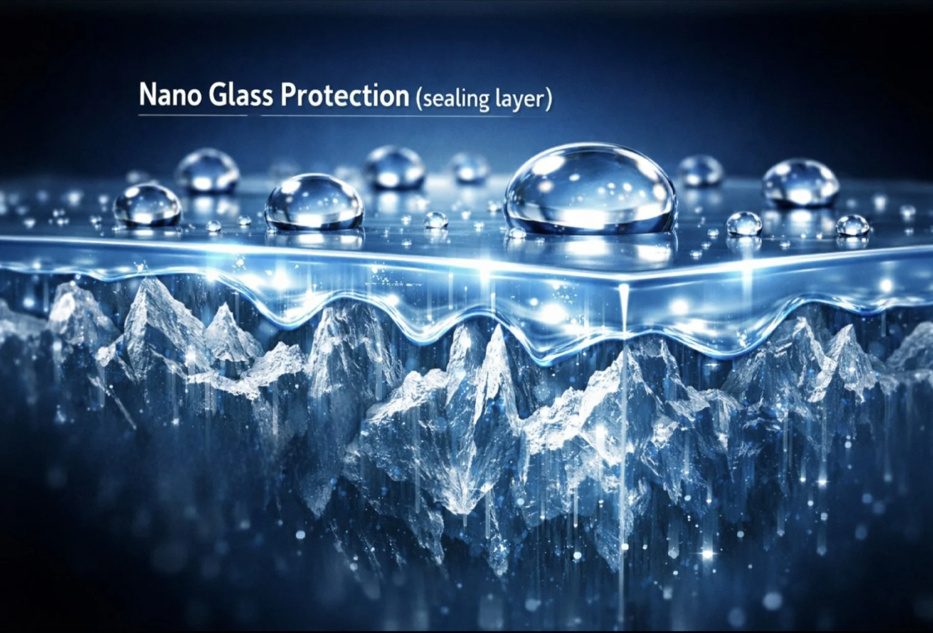 NanoGlass Protection sealing layer on glass showing hydrophobic water beading effect