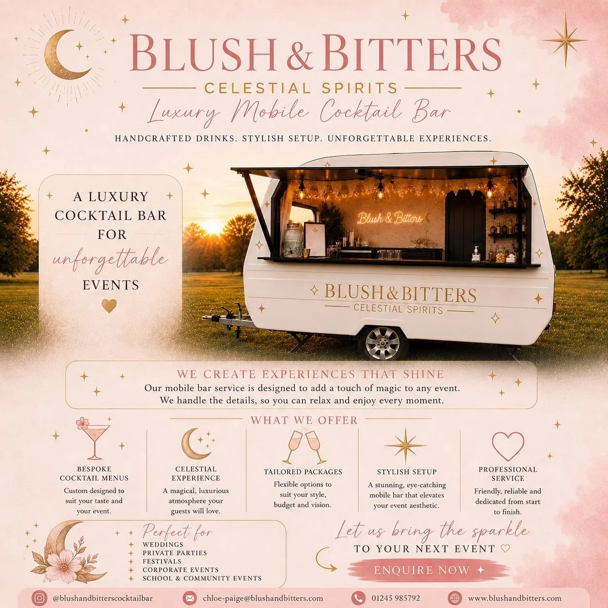 ✨ HELP US SPREAD THE MAGIC ✨

Looking for a unique touch for your next event? 🍸 Mobile Cocktail Bar 🌙 Celestial-inspired experience ✨ Weddings &bull; Parties &bull; Festivals &bull; Corporate Events &amp; More

Blush &amp; Bitters brings handcrafte