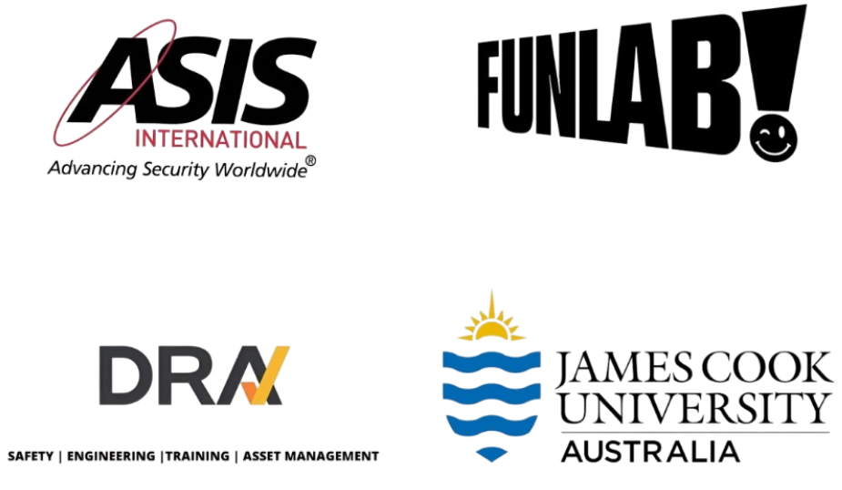 Four logos: AISA International with pink and black text, Fun Lab with playful black font, DRA with gray and orange, and James Cook University Australia with a blue and yellow sun and waves.
