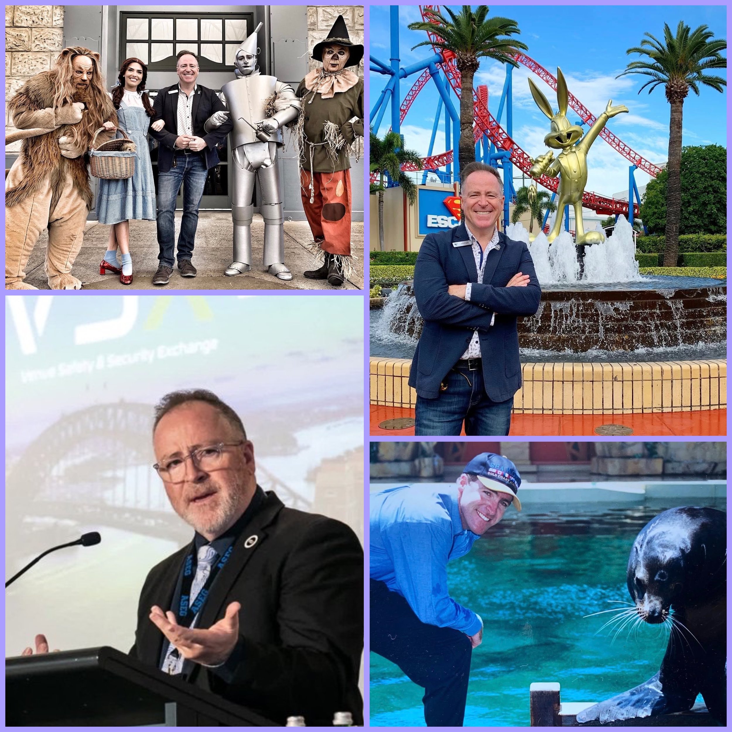 A collage of four photos: top left shows five people in costume with two dressed as characters from The Wizard of Oz; top right features a man standing in front of a theme park sculpture of a golden rabbit and roller coaster in the background; bottom left depicts a man speaking at a conference with a projected image of a bridge behind him; bottom right shows a man in a blue shirt and cap interacting with a sea lion in an aquarium.