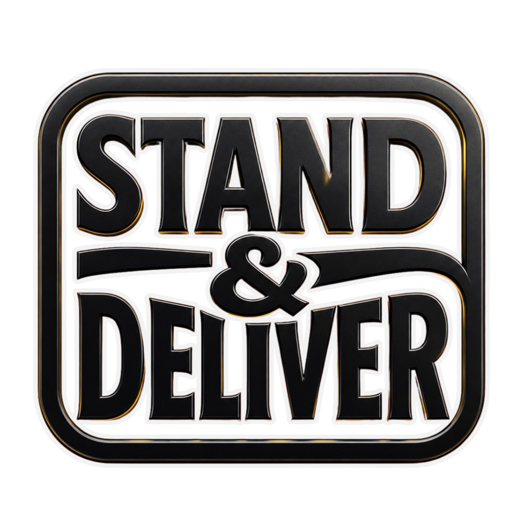 Bold black 3D text saying 'STAND & DELIVER' inside a rounded square border on a black background.
