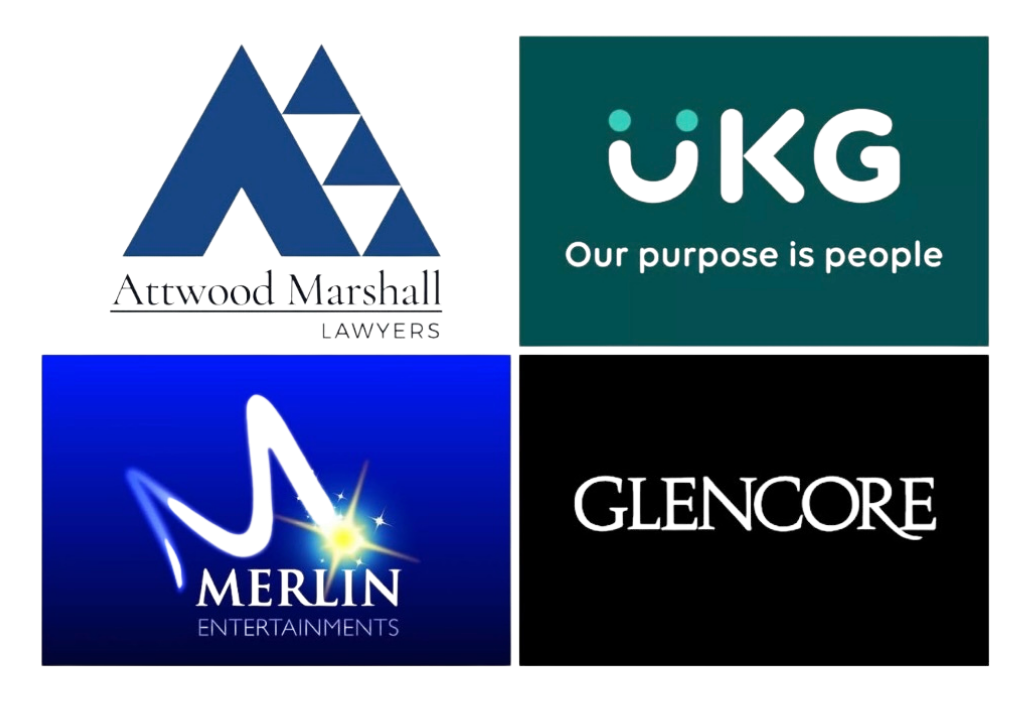 Image collage with logos of Atwood Marshall Lawyers, UKG with slogan "Our purpose is people," Merlin Entertainments, and Glencore.