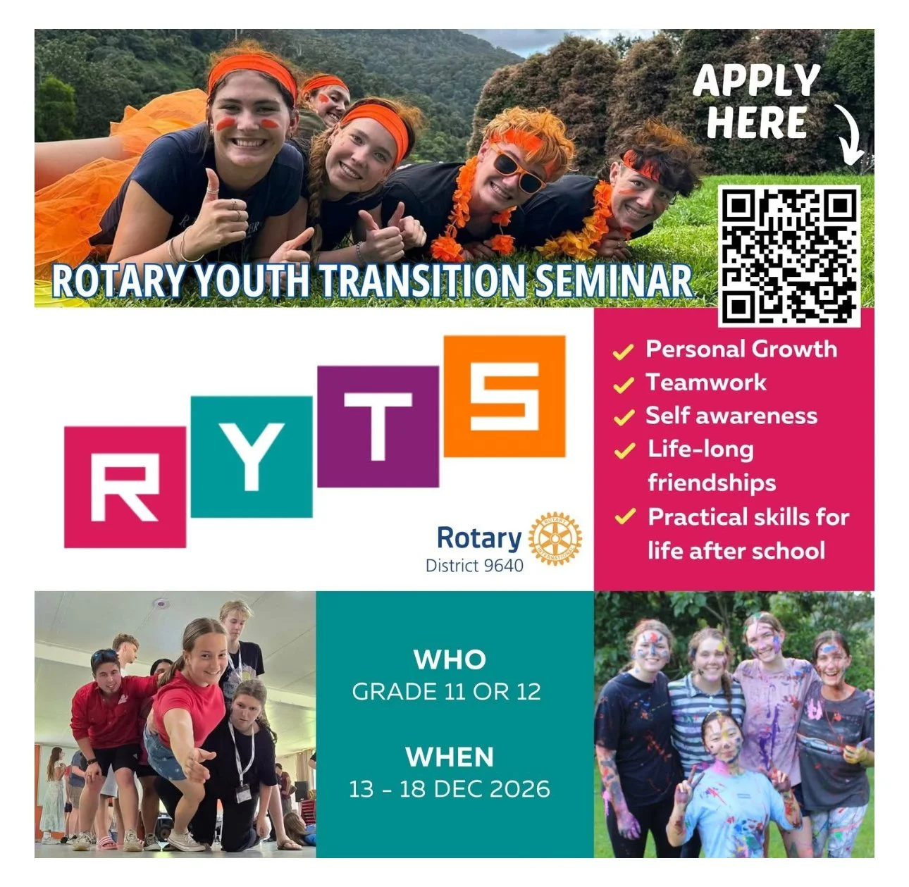 Poster for Rotary Youth Transition Seminar featuring children participating in activities, with a QR code, bullet points listing seminar benefits such as personal growth, teamwork, self-awareness, lifelong friendships, practical skills, and a section with details about the target audience, date, and location of the event.