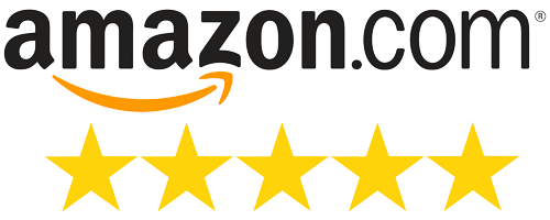 Amazon logo with five gold stars below it.
