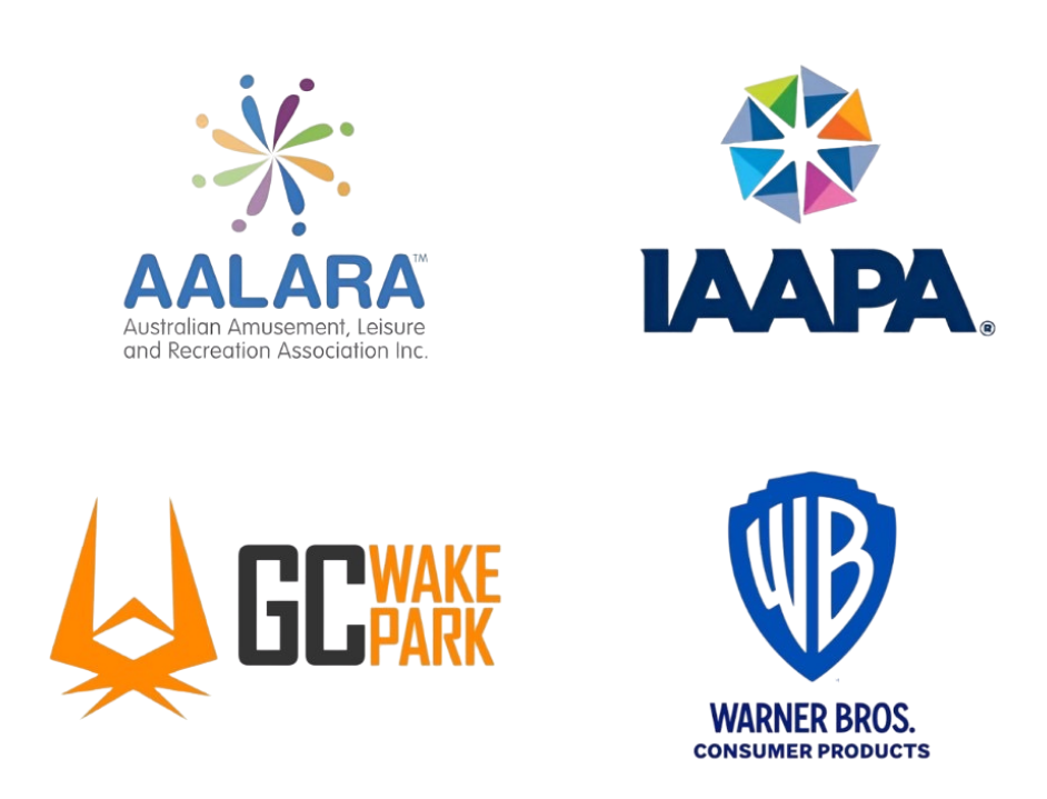 A collection of logos of various entertainment and media companies, including Al Jazeera, IAPA, Warner Bros., Glo, and Wake Park.