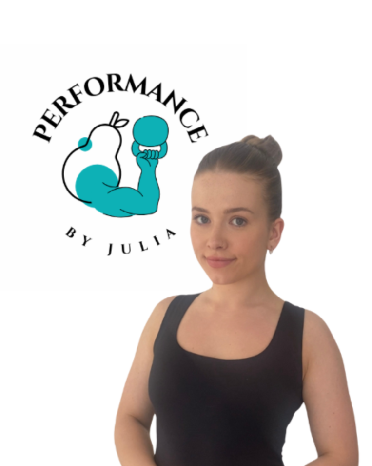 A young woman with her hair in a bun wearing a black tank top standing next to a logo of a muscular arm with a dumbbell, surrounded by the text 'PERFORMANCE BY JULIA' in black, stylized font.