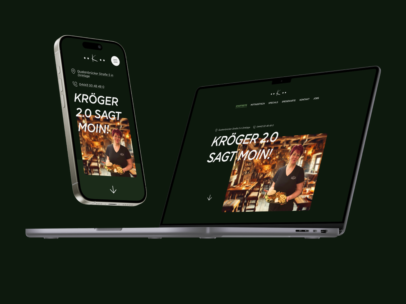 Mockup von einem MacBook und iPhone auf dem die Startseite des Restaurants zu sehen ist.