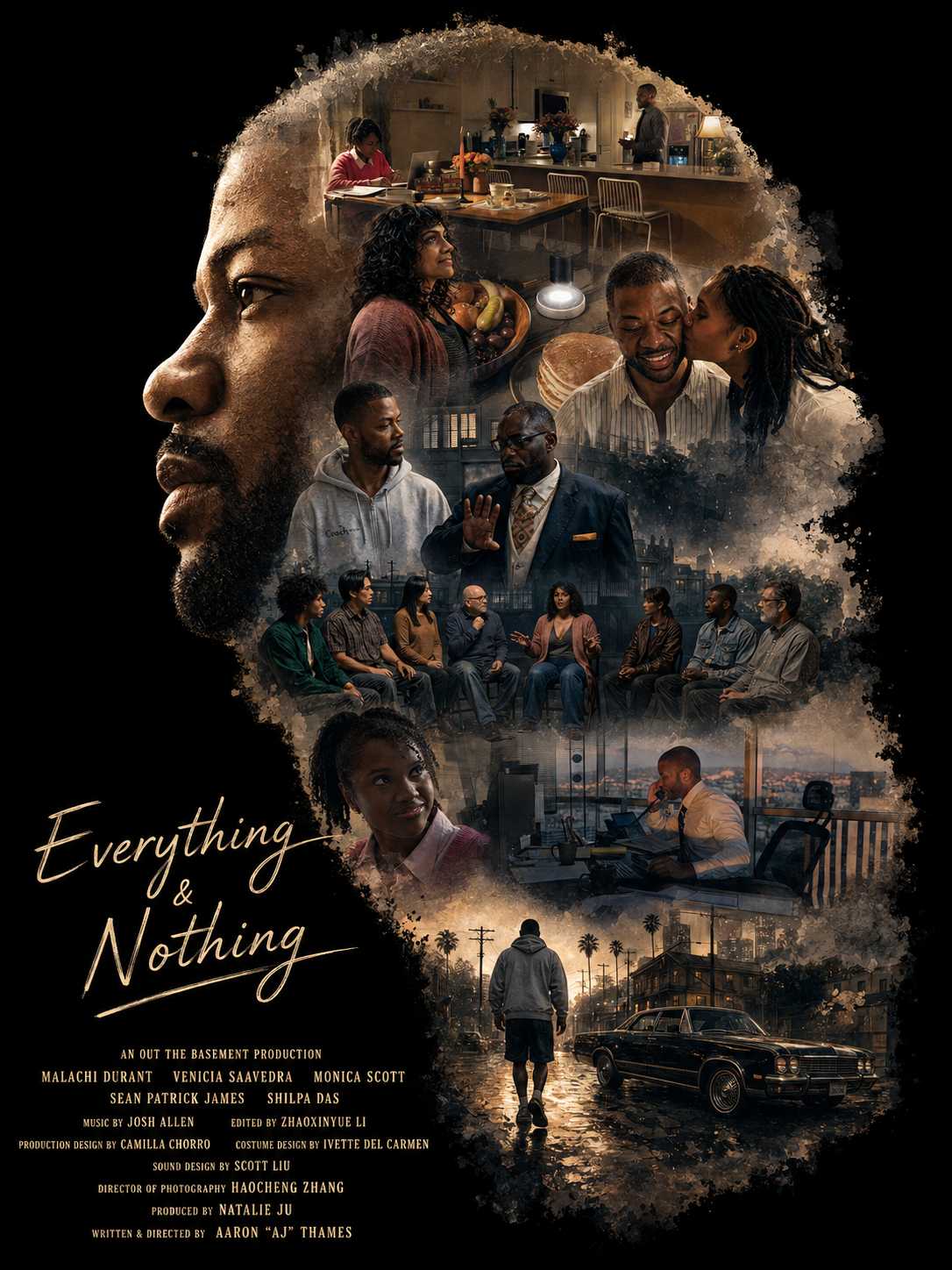 A movie poster for 'Everything & Nothing' featuring a montage of scenes including a young man walking down a rainy street, people in a chat, a woman and man in an intimate moment, a group meeting in a room, and a woman working at a desk, with the cast and crew information at the bottom.