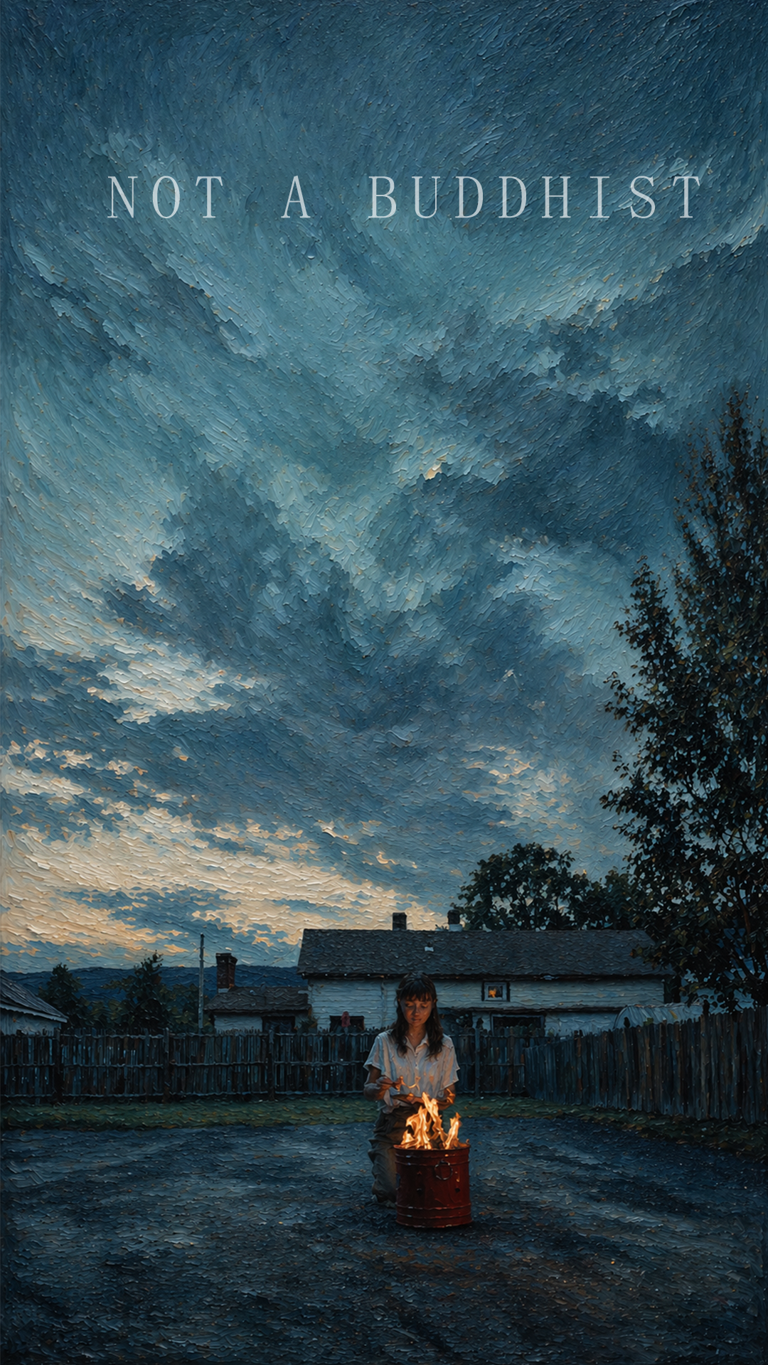 A young woman stands outdoors holding a flaming torch in a barrel, with a blue sky, dramatic clouds, and trees in the background.