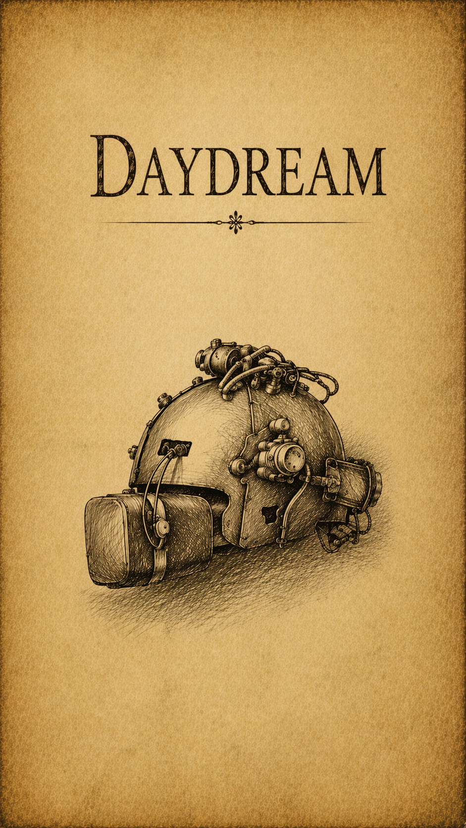 A vintage drawing of a robotic helmet with mechanical and electronic parts on a sepia background. The word 'DAYDREAM' is at the top.