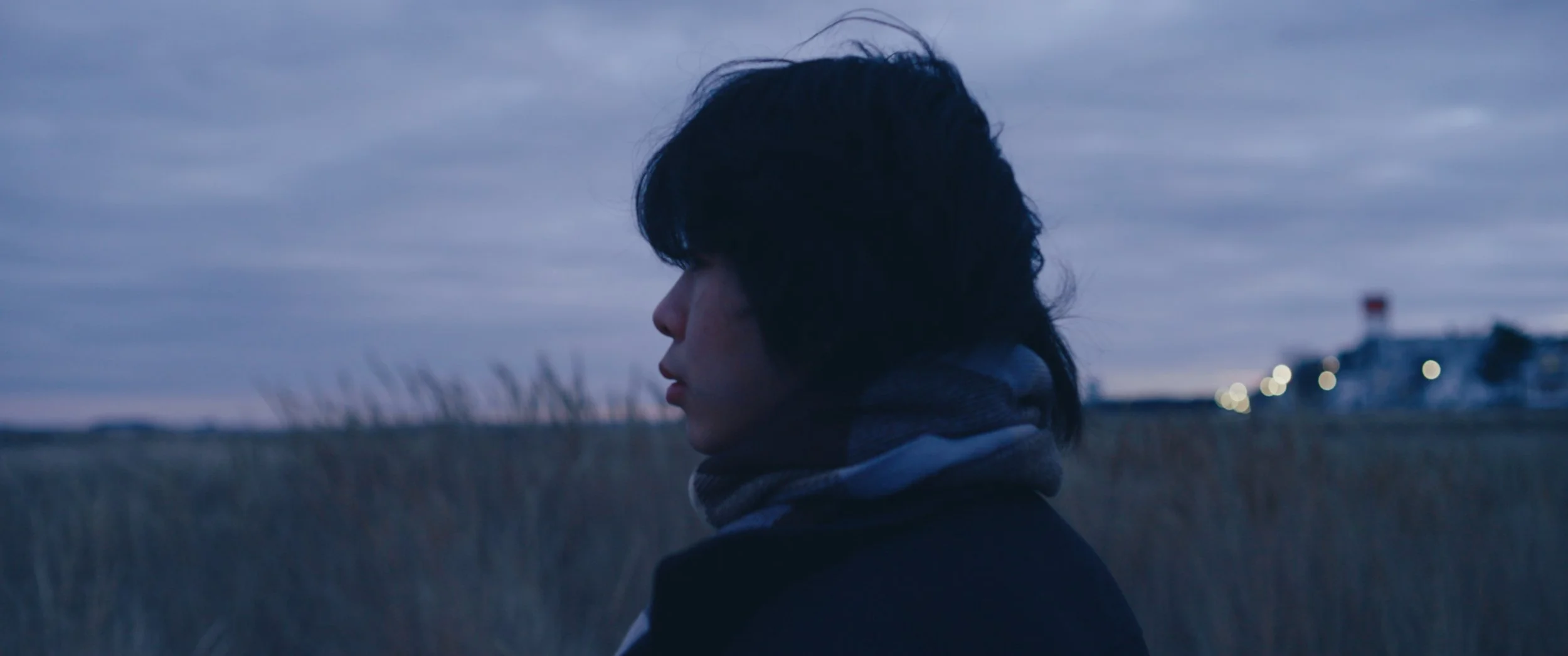 Side profile of a woman with dark, wavy hair, wearing a striped scarf, standing outdoors during dusk with a cloudy sky and blurred distant lights.