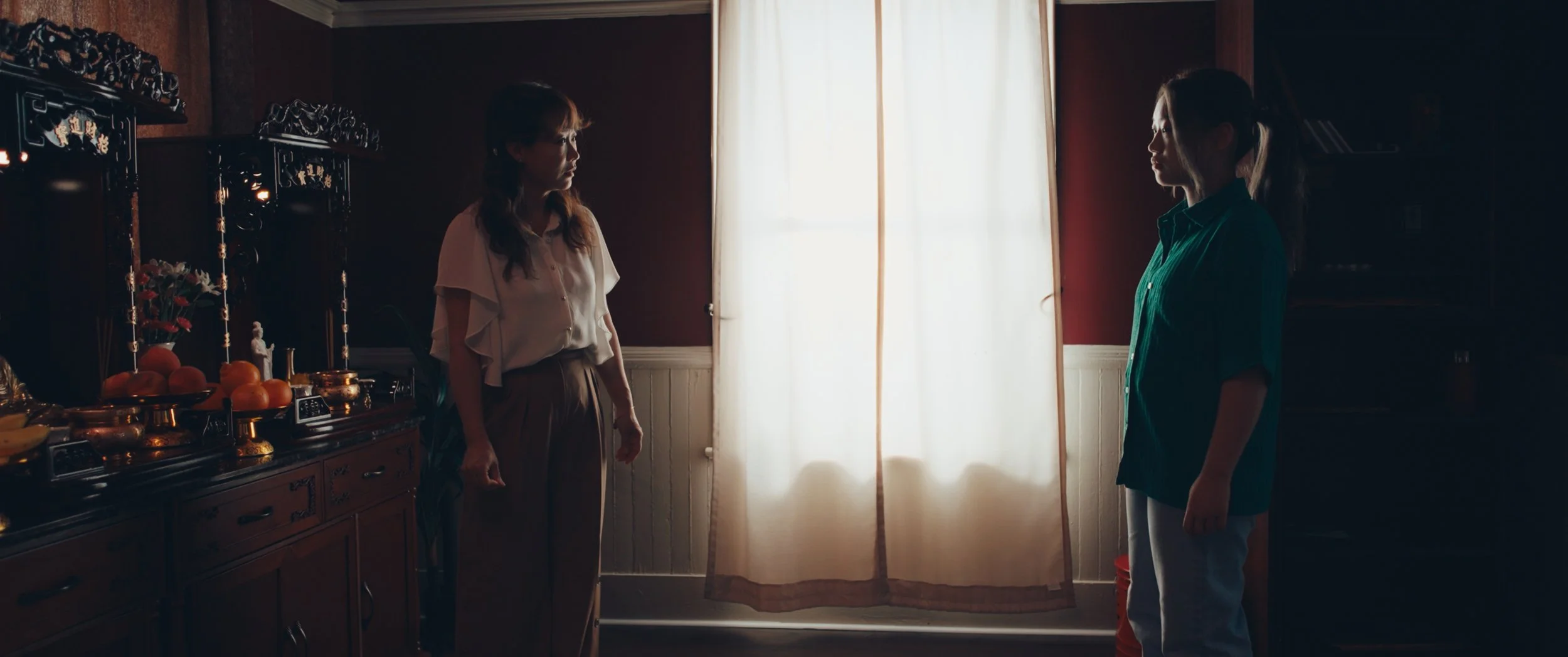 Two women standing in a dimly lit room, facing each other, with a bright window behind them. One woman is on the left, wearing a white blouse and brown pants, and the other on the right is in a green shirt. The room has wooden furniture and a china cabinet with decorative items and fruits.