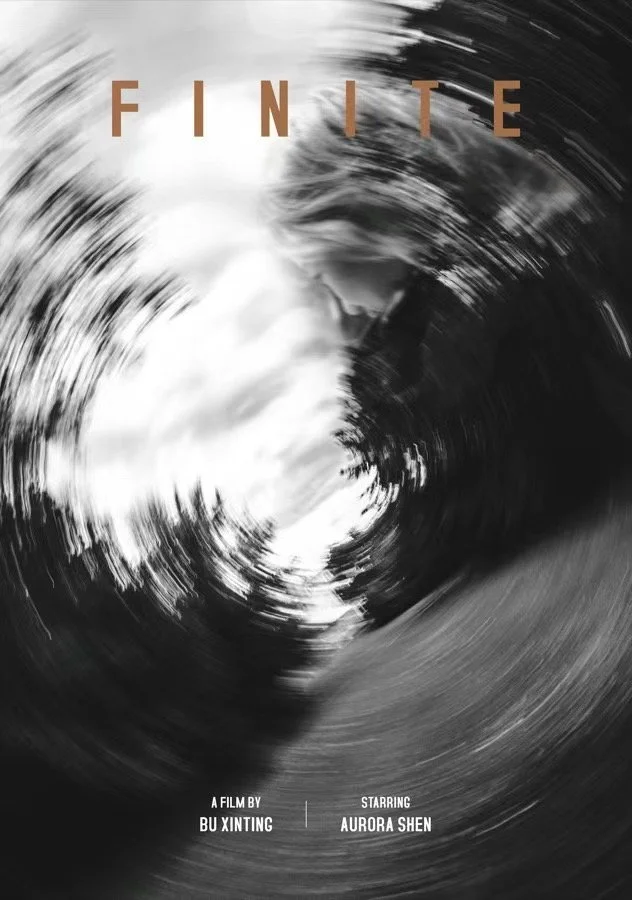 Black and white swirling abstract background with the title 'FINE' in bold letters at the top, and below it, the text 'A film by BU XINTING' and 'Starring AURORA SHEN'.