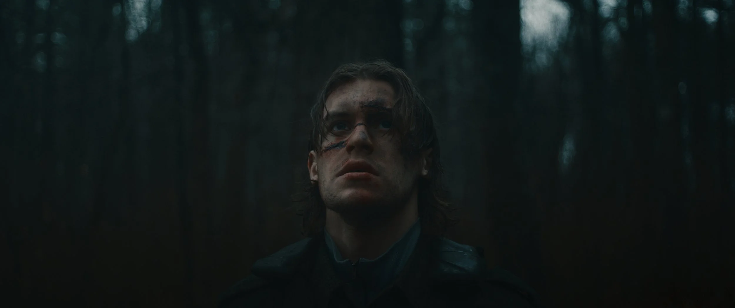A man with wet hair, dirt, and a facial injury looking upward in a dark forest.