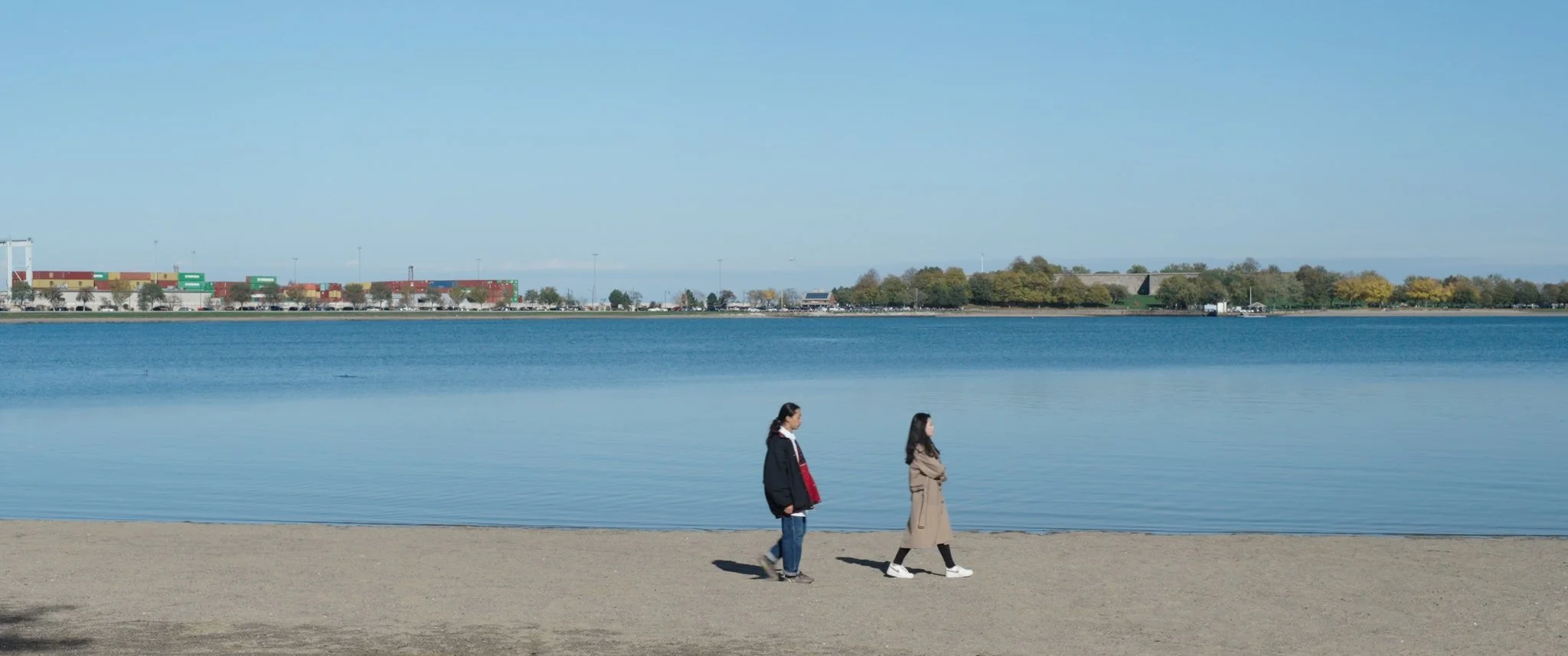 Two women walking along the beach near a body of water with trees, buildings, and a blue sky in the background.