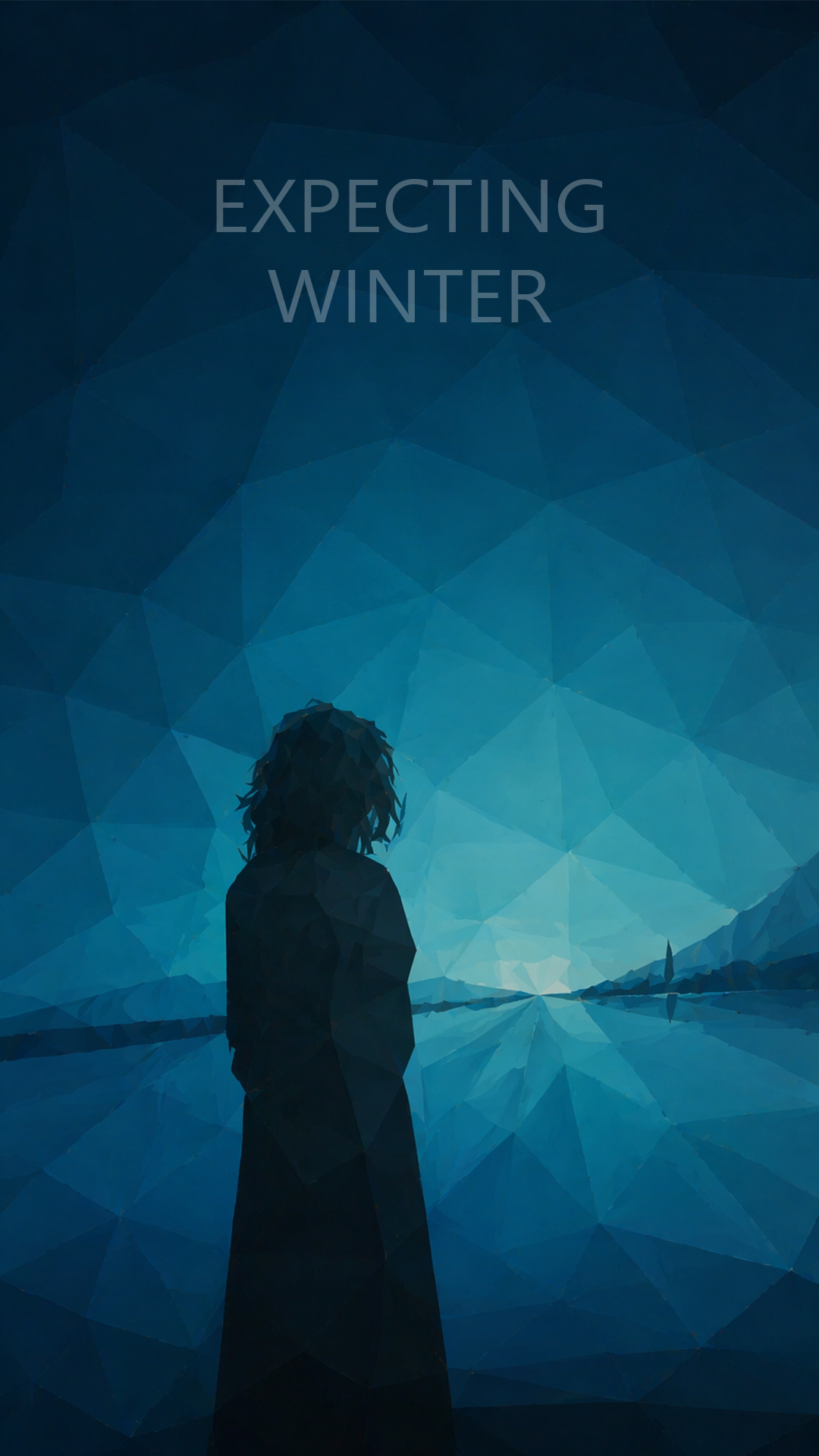 Silhouette of a person with messy hair standing outdoors near a lake with mountains and a cloudy sky in the background, with the text 'Expecting Winter' on the image.