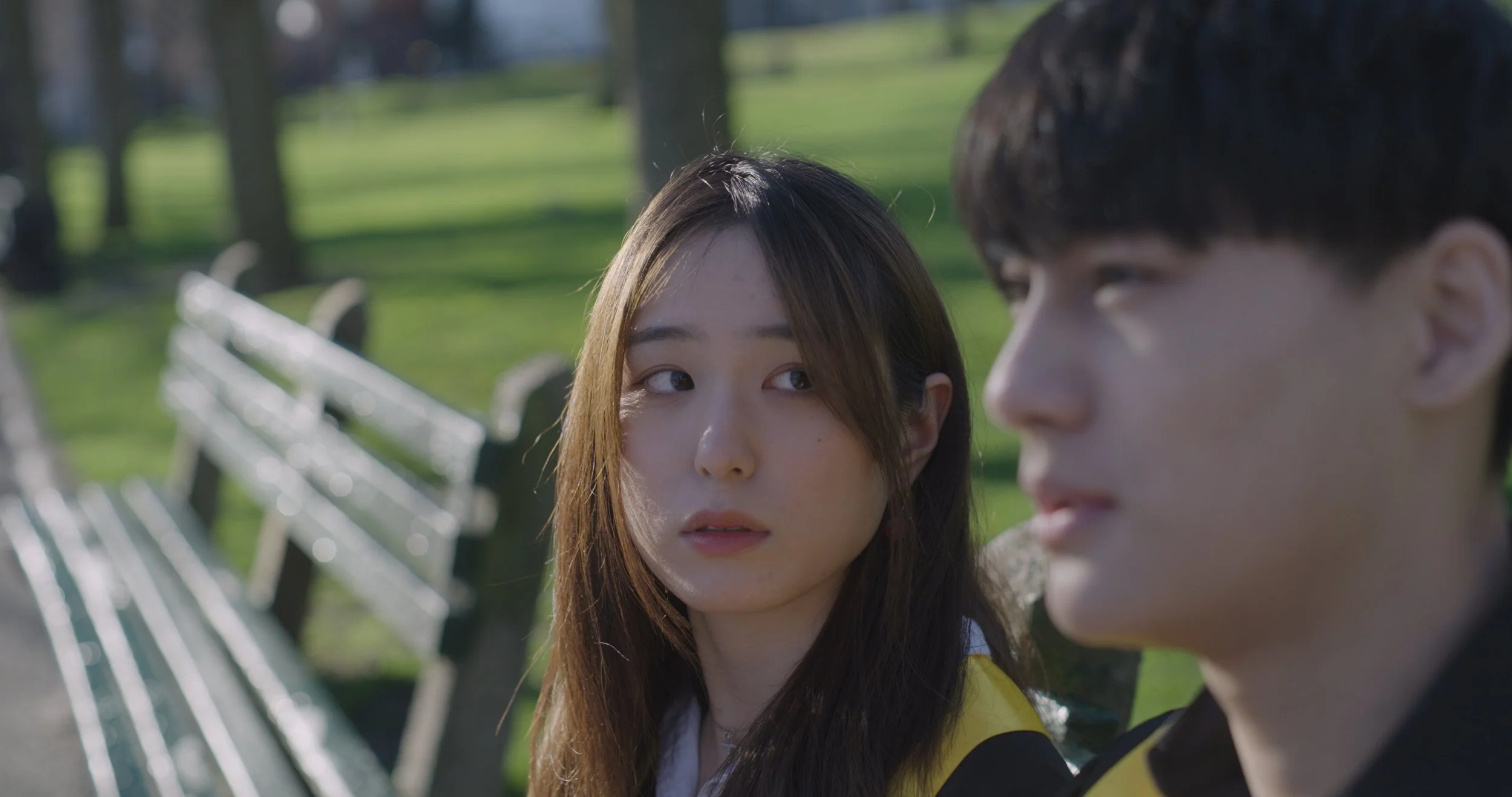 Close-up of a young woman with long brown hair looking at a young man with short dark hair in a park with green grass and trees.