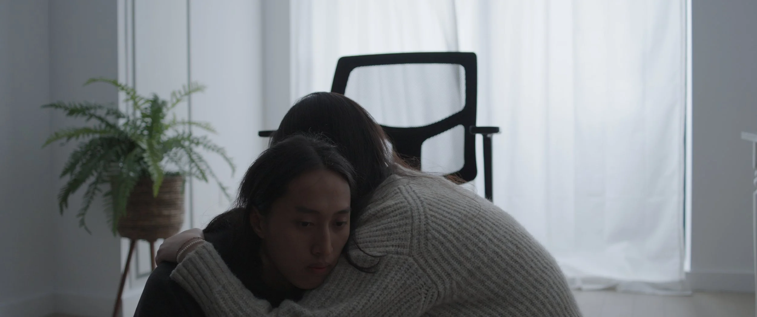 Two women hugging in a room with a black chair, a potted plant, and white curtains.