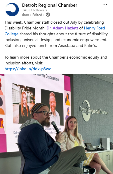 Screenshot of a post by Detroit Regional Chamber of Commerce depicting a man in glasses, beanie, and a sports coat sitting with a microphone.