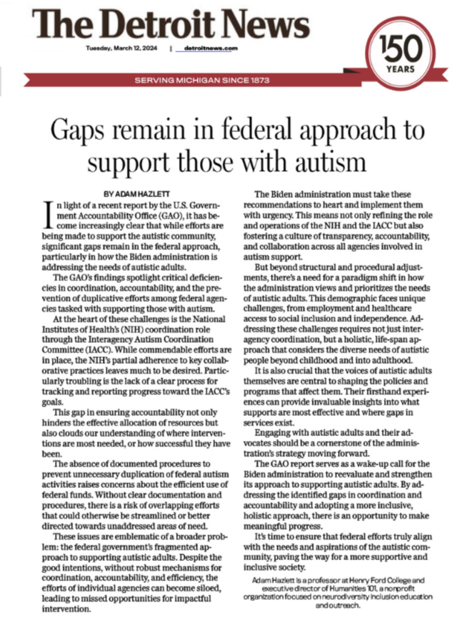 Front page of The Detroit News newspaper, dated March 12, 2024, with a headline about gaps in federal support for autism, and an article discussing challenges and recommendations for improving autism support policies.