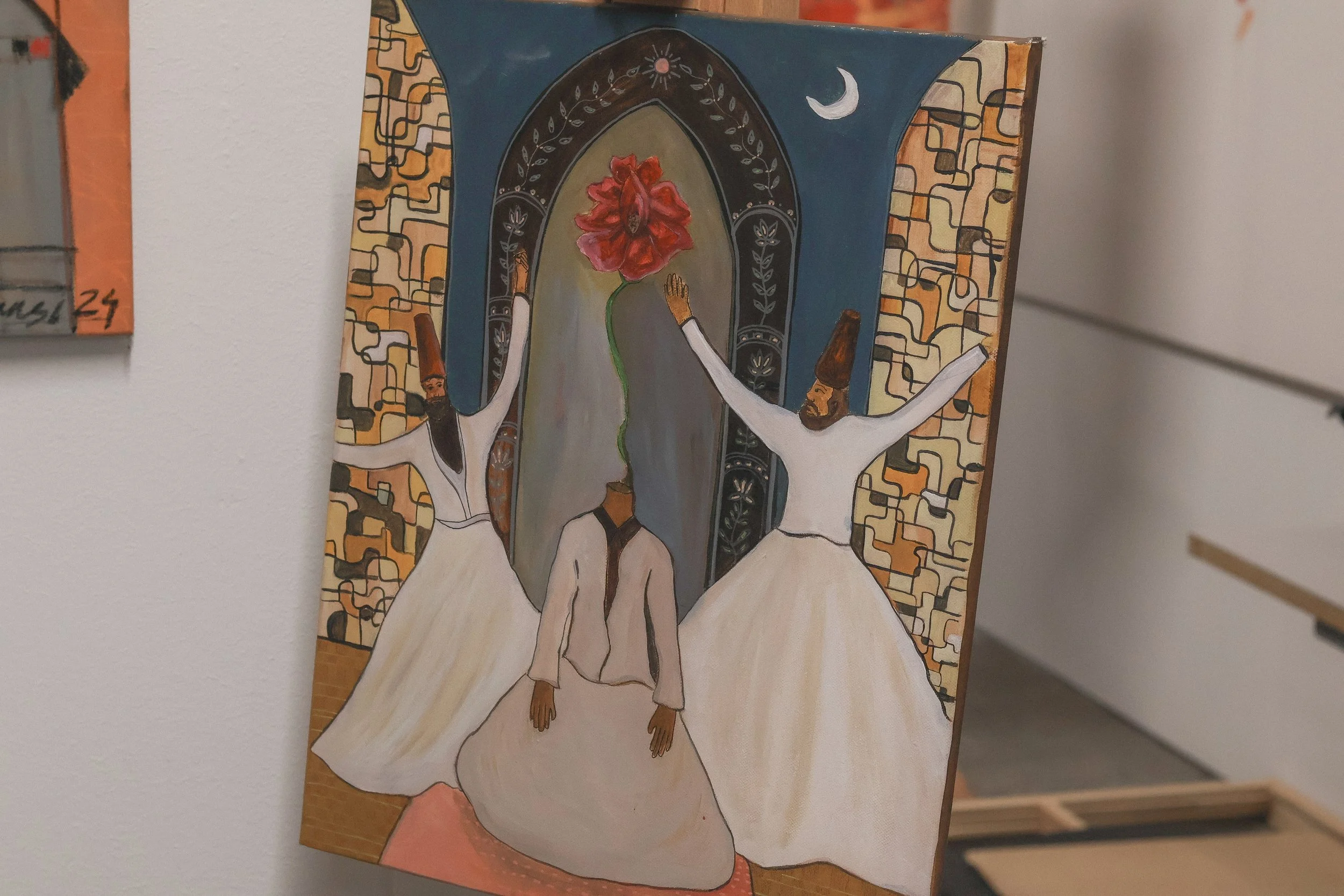 Painting of a woman in a white dress walking forward with a large red flower in front of her, father and son on either side of her, with a background of decorative arches and moons.