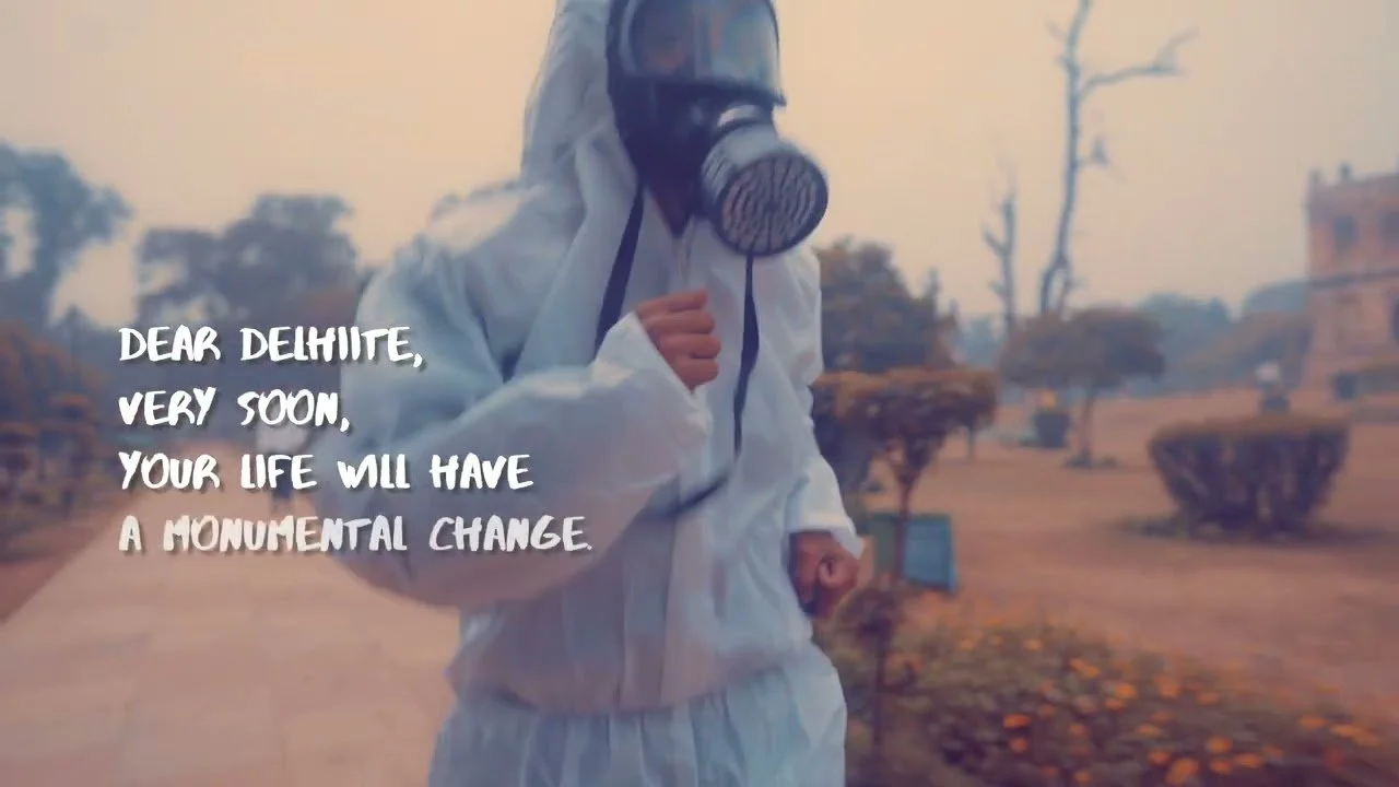 A person wearing protective gear and a gas mask jogging outdoors in a park with trees and a pathway, with a message about DelhiHealth and urging for change.