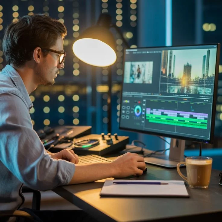 A man working on video editing in a modern office at night, with a computer displaying a video editing software, a coffee mug, and a notebook on the desk.
