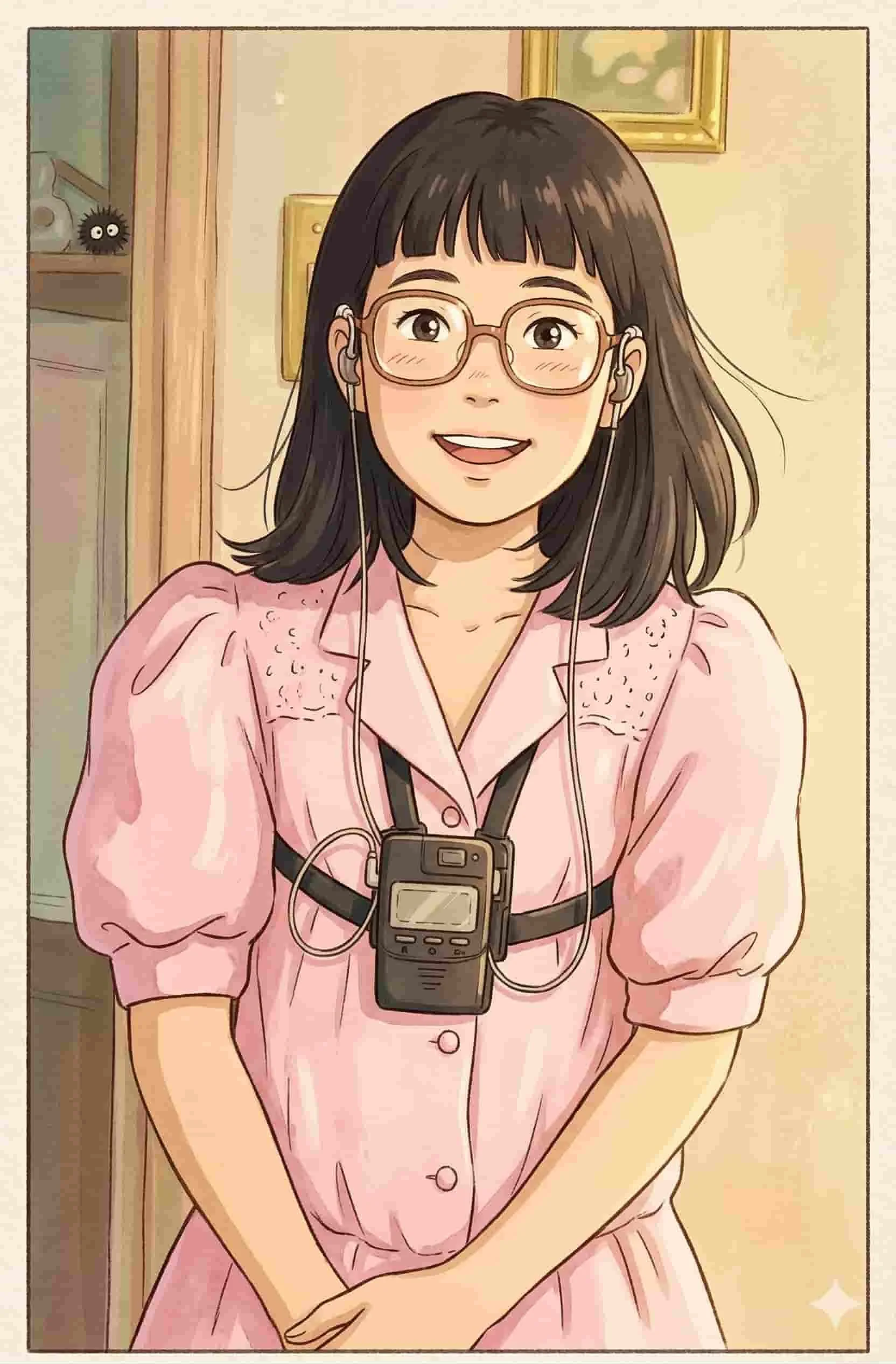 A young woman with black hair, glasses, and earphones, wearing a pink dress with puffed sleeves, standing indoors with a camera hanging around her neck.