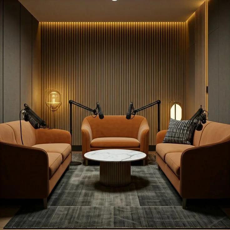 A modern, stylish podcast recording studio with three peach-colored sofas arranged around a round marble coffee table, a gray patterned rug, ambient lighting, and microphones set up for recording.