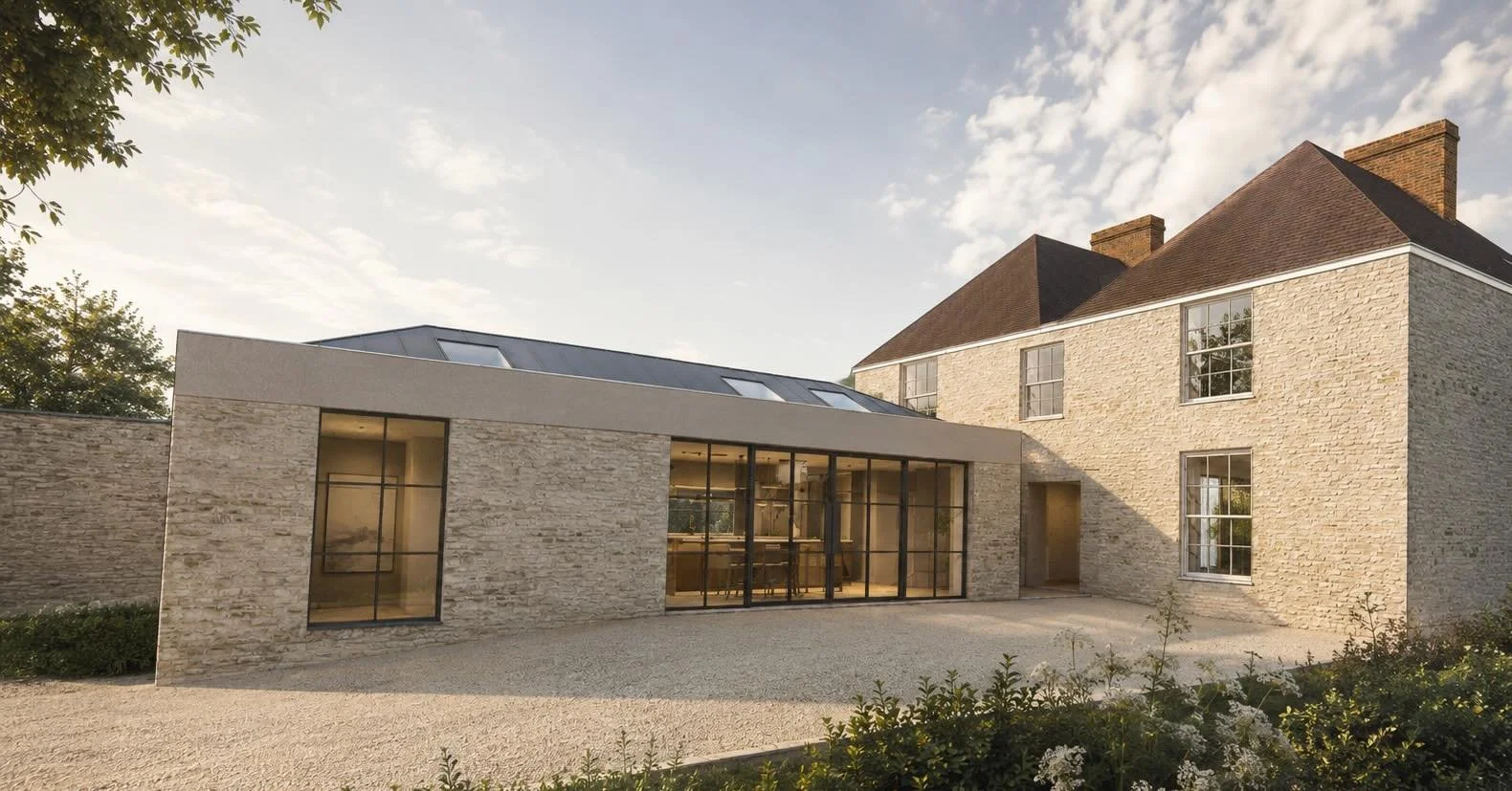 Modern house extension with large glass Crittall windows and stone exterior, attached to a listed Georgian building under a partly cloudy sky.
