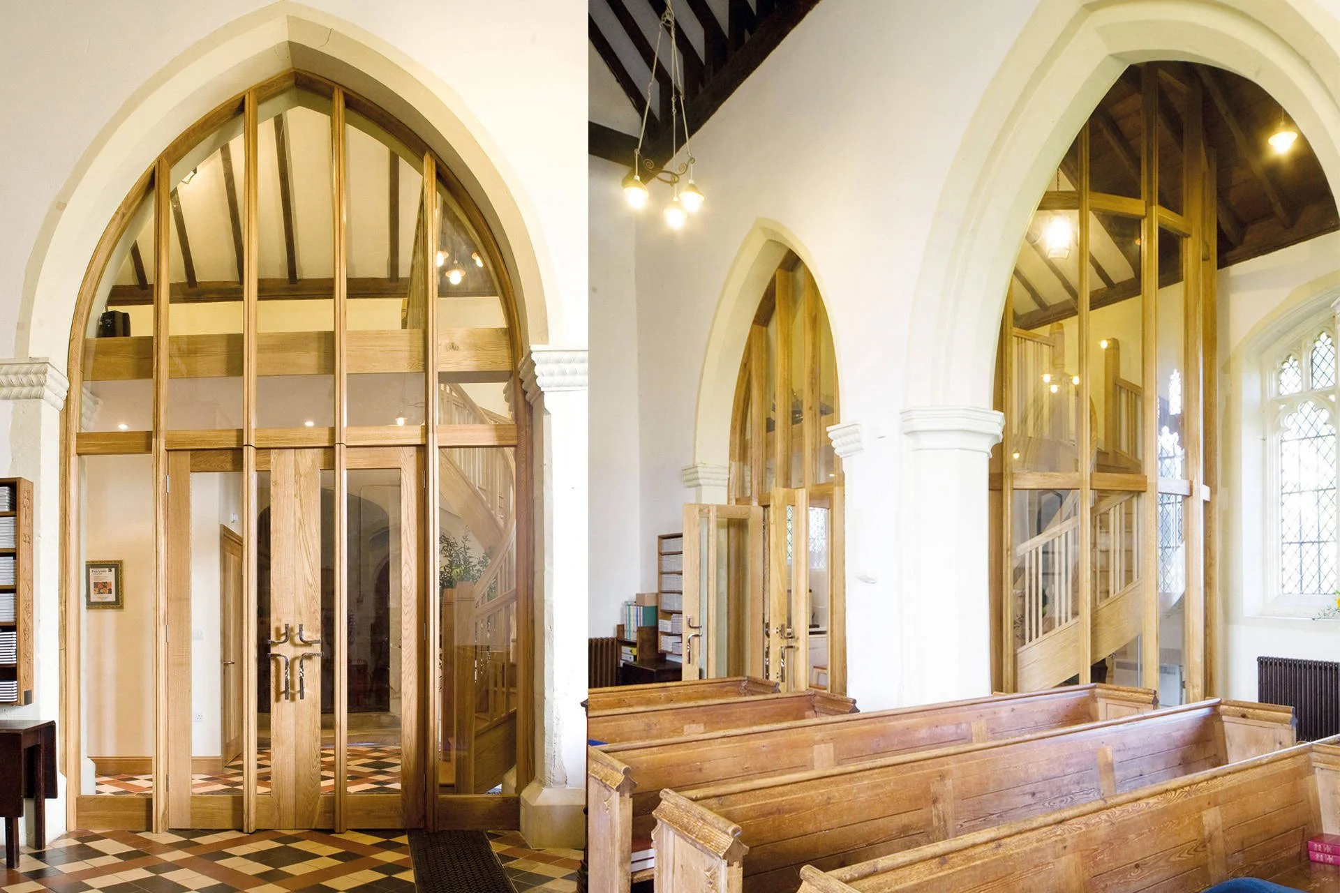 Interior of a church with wooden pews, large arched windows, and a wooden stairway with railings. The ceiling has dark wooden beams, and there are hanging light fixtures.