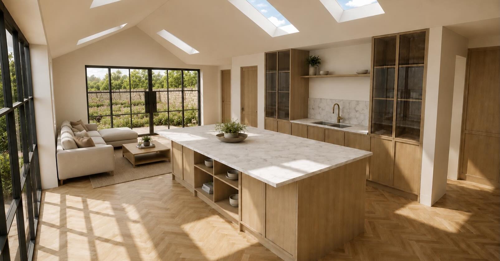 Open-concept kitchen and living area with large windows, skylights, and wooden cabinets.