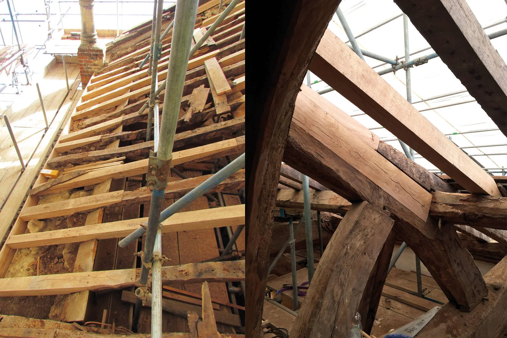 Side-by-side photos of a building's wooden roof structure under construction. The left image shows a framed roof with wooden beams, scaffolding, and some damaged or rotting wood. The right image displays a close-up of the aged and weathered wood beam