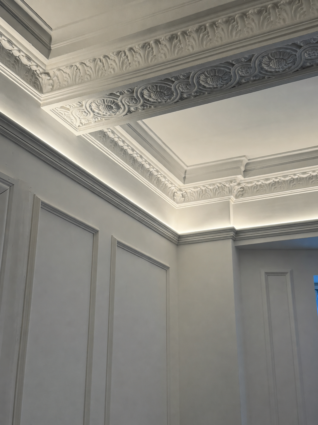 Ceiling with decorative molding and crown molding in a room with white paneled walls.