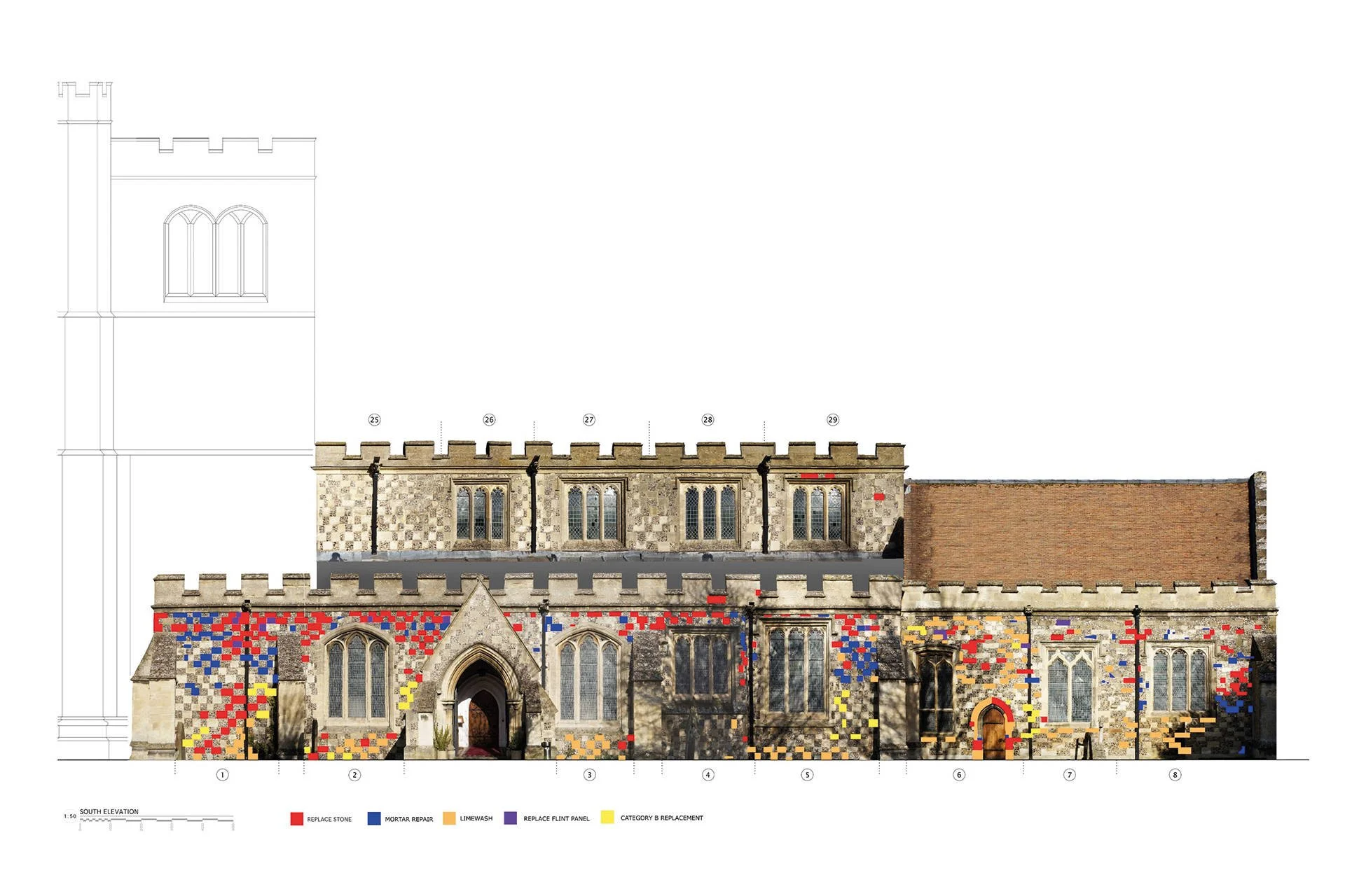 Elevation blueprint of a historic church with colorful patchwork repair markings on the wall, stone features, and stained glass windows.